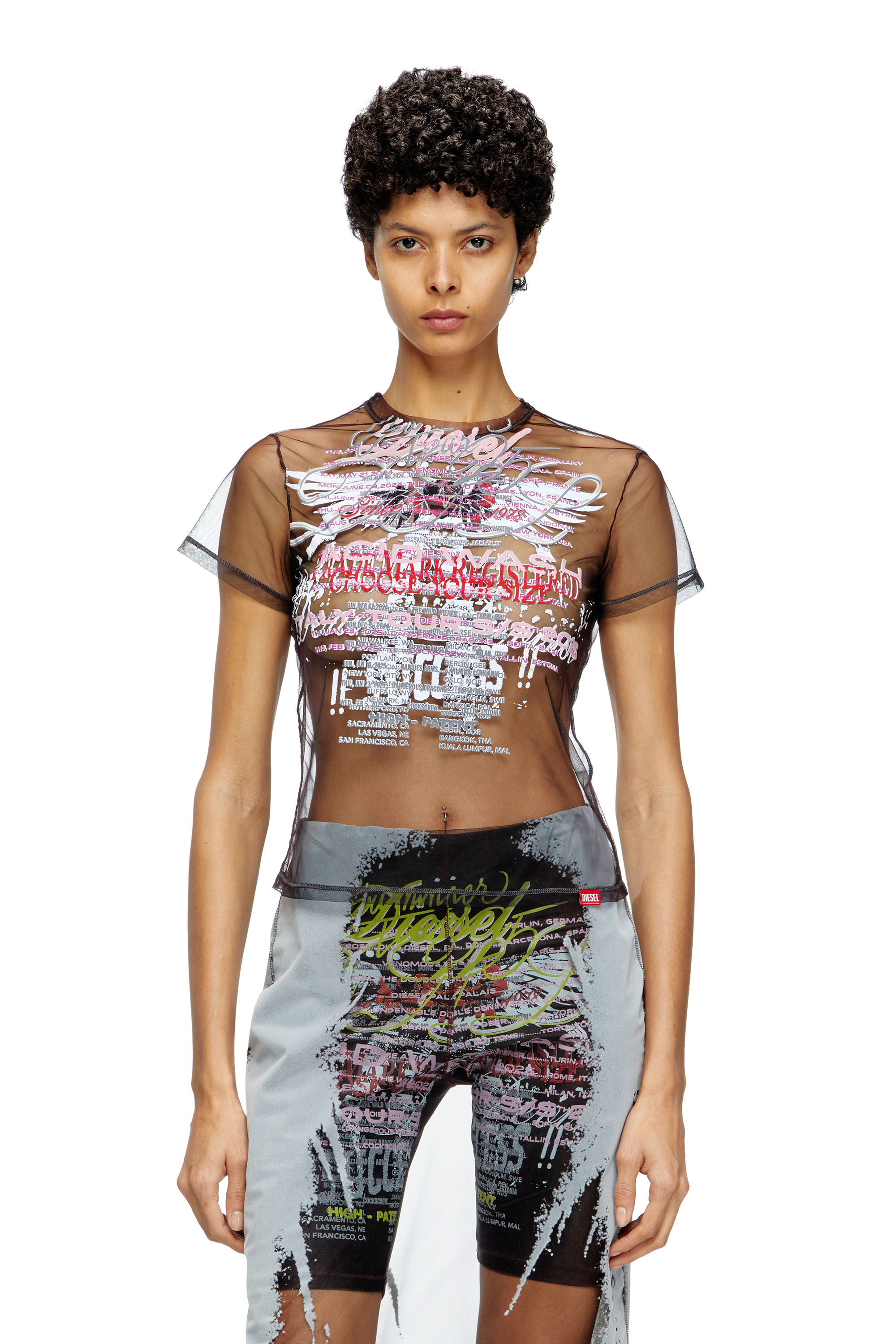 Diesel - T-YRAC, Female's Sheer top with lyrics print in ブラック - 3