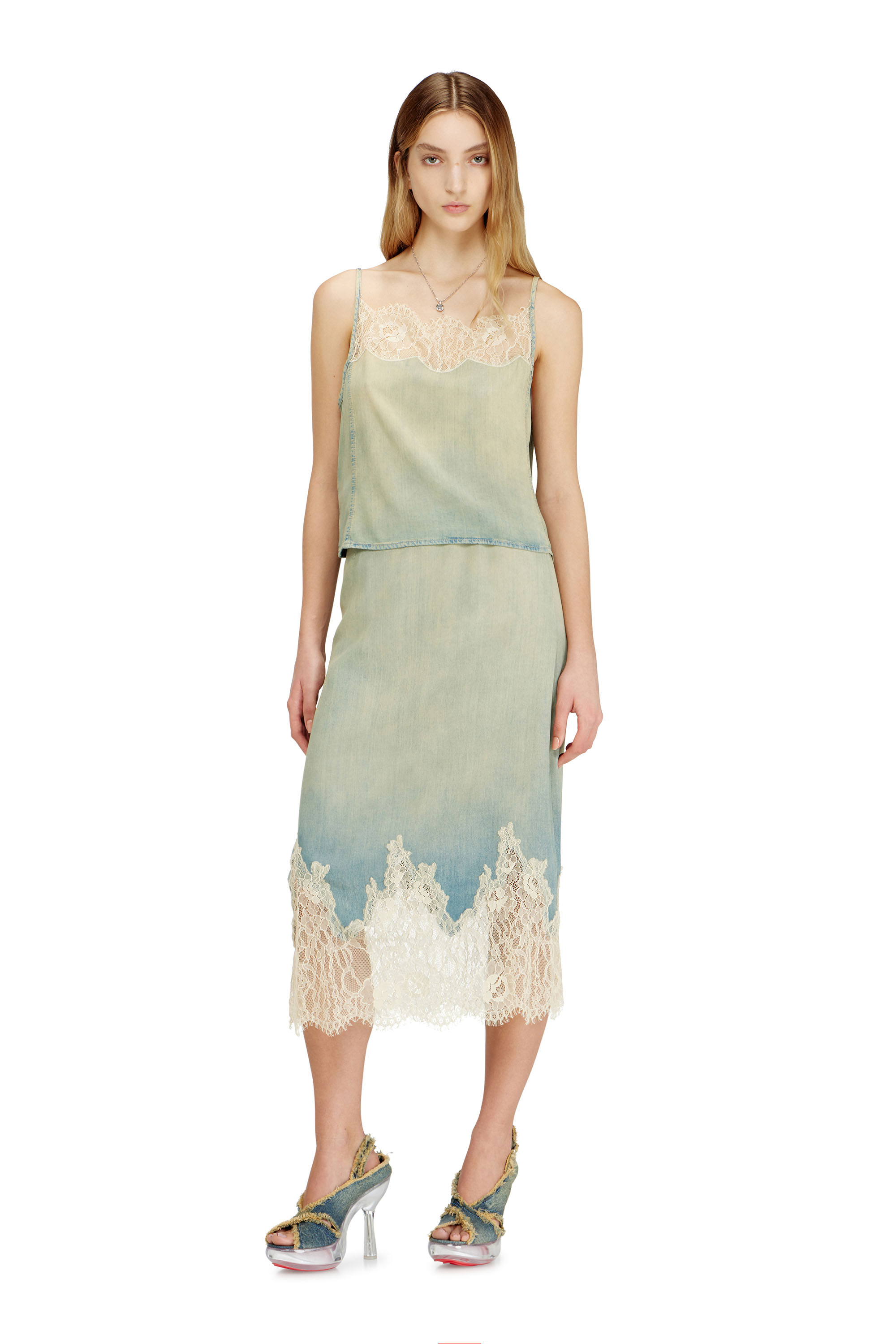 Diesel - DE-MERSY-S, Female's Midi skirt in denim and lace in ライトブルー - 1