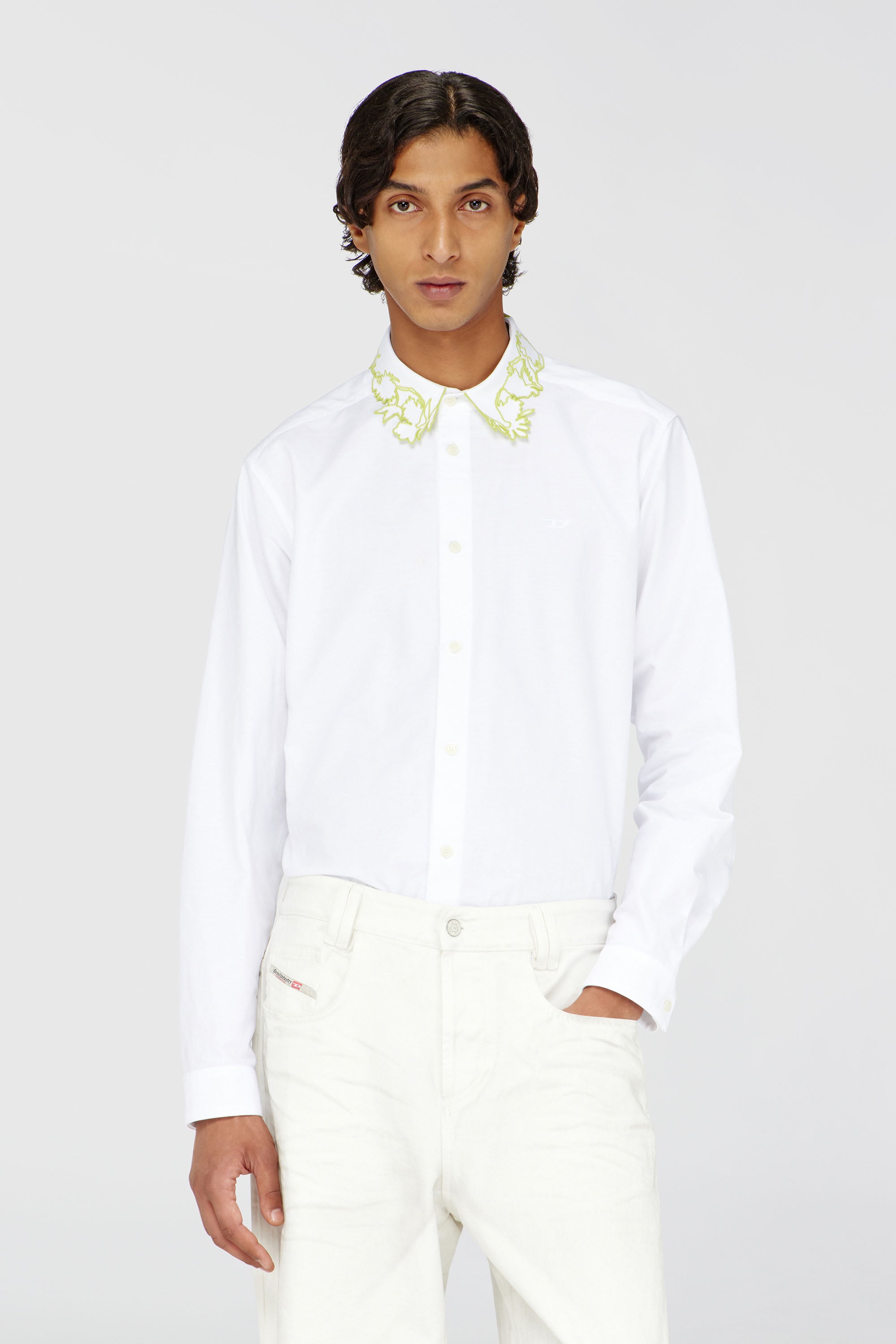 Diesel - S-PLAOUT, Male's Oxford shirt with embroidered collar in ホワイト - 1