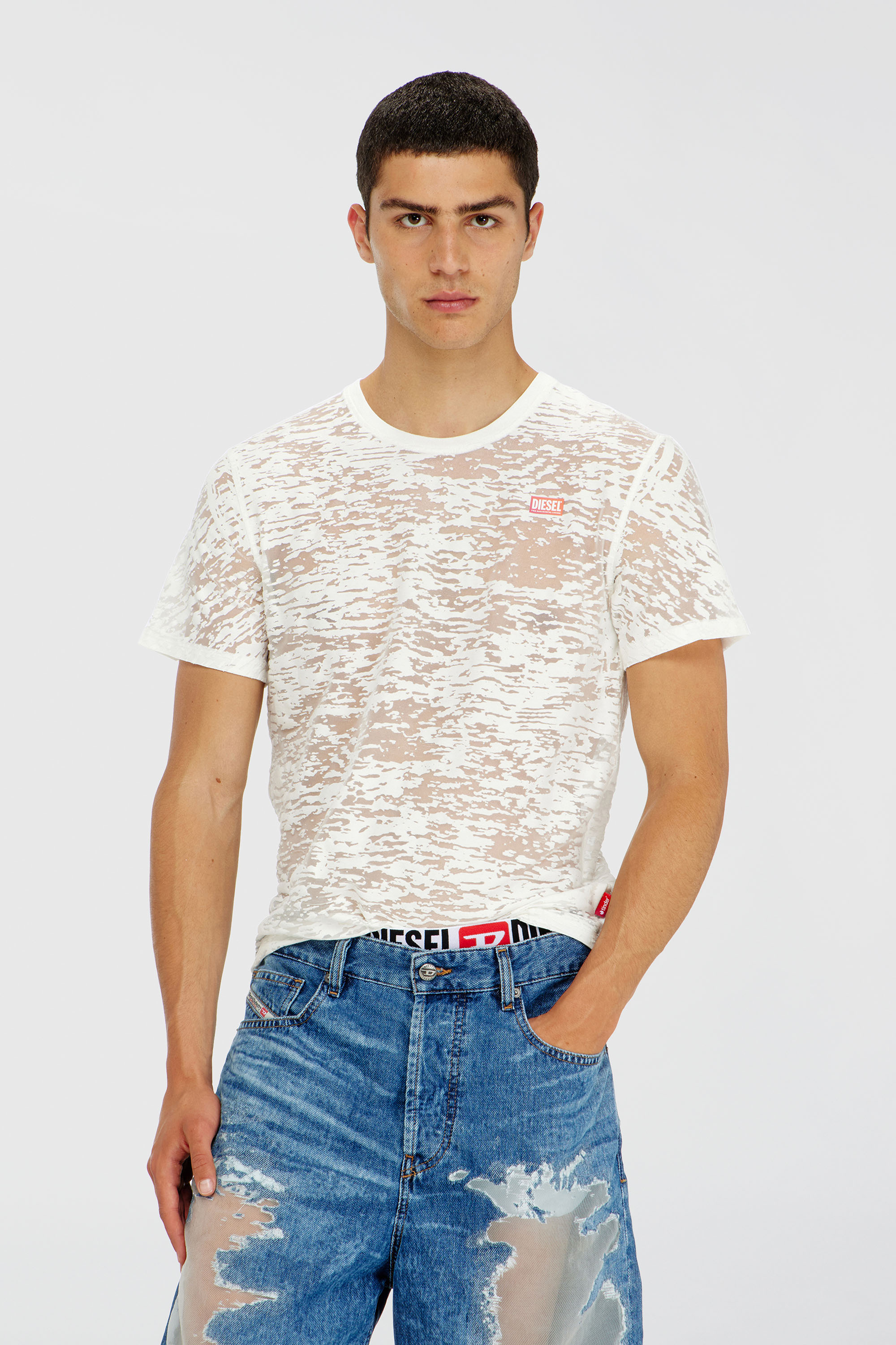 Diesel - PR-T-NOTS-MATI-R, Unisex's T-shirt in all-over devor&eacute; jersey in ホワイト - 3