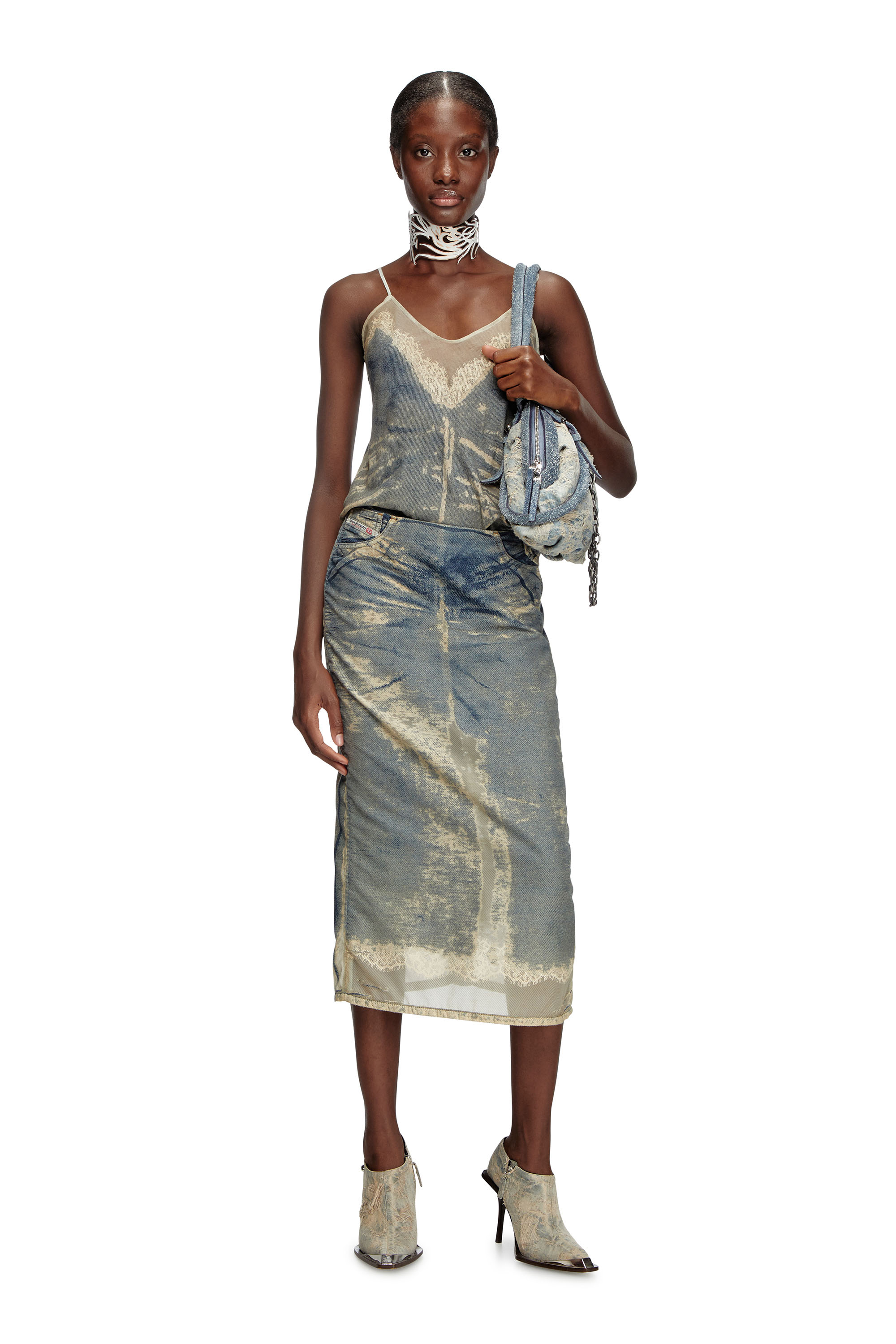 Diesel - DE-PRA-FSF, Female's Midi skirt in floating devoré denim in ミディアムブルー - 1