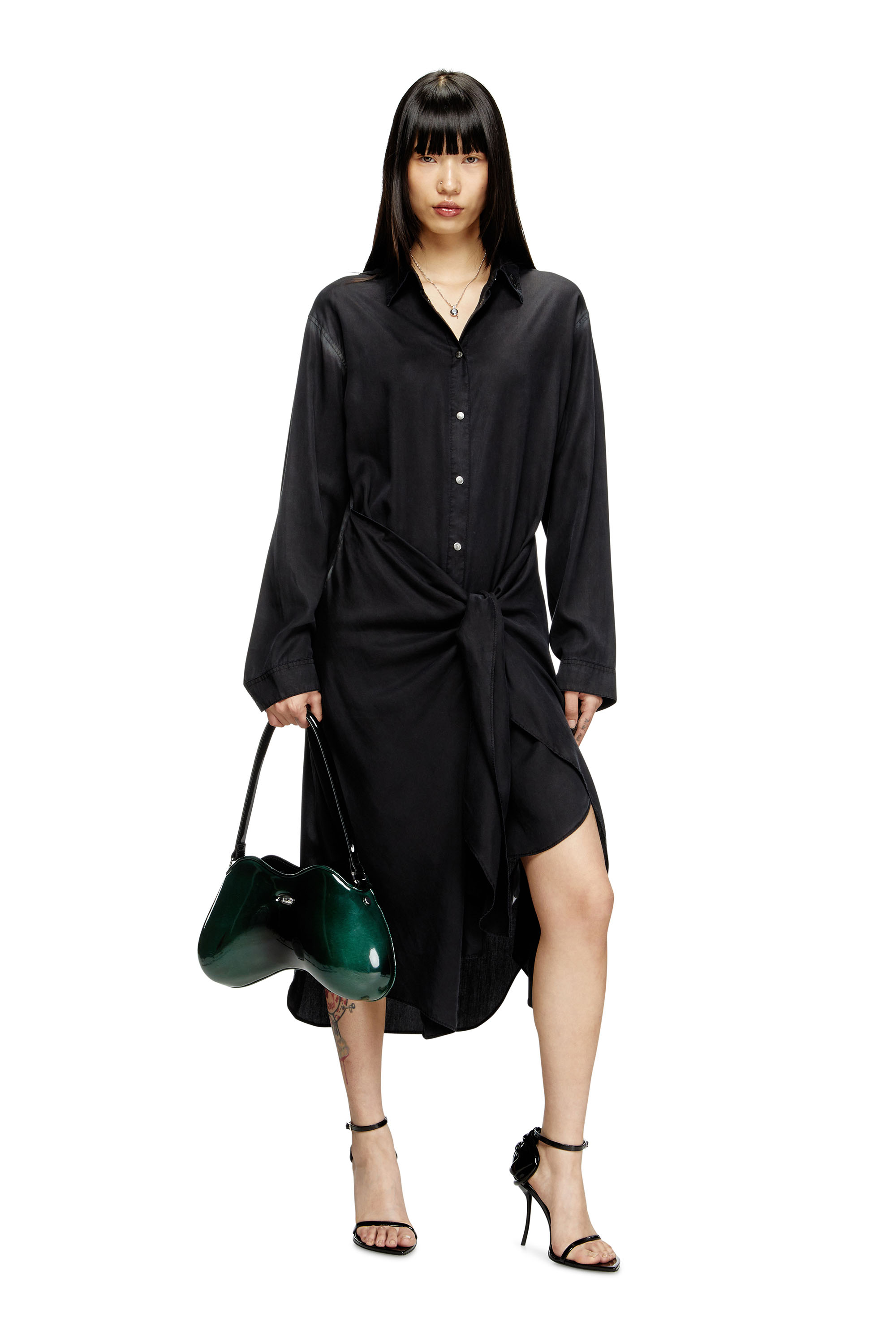 Diesel - D-ILETTA-R1, Female's Wrap shirt dress in treated twill in ブラック - 1