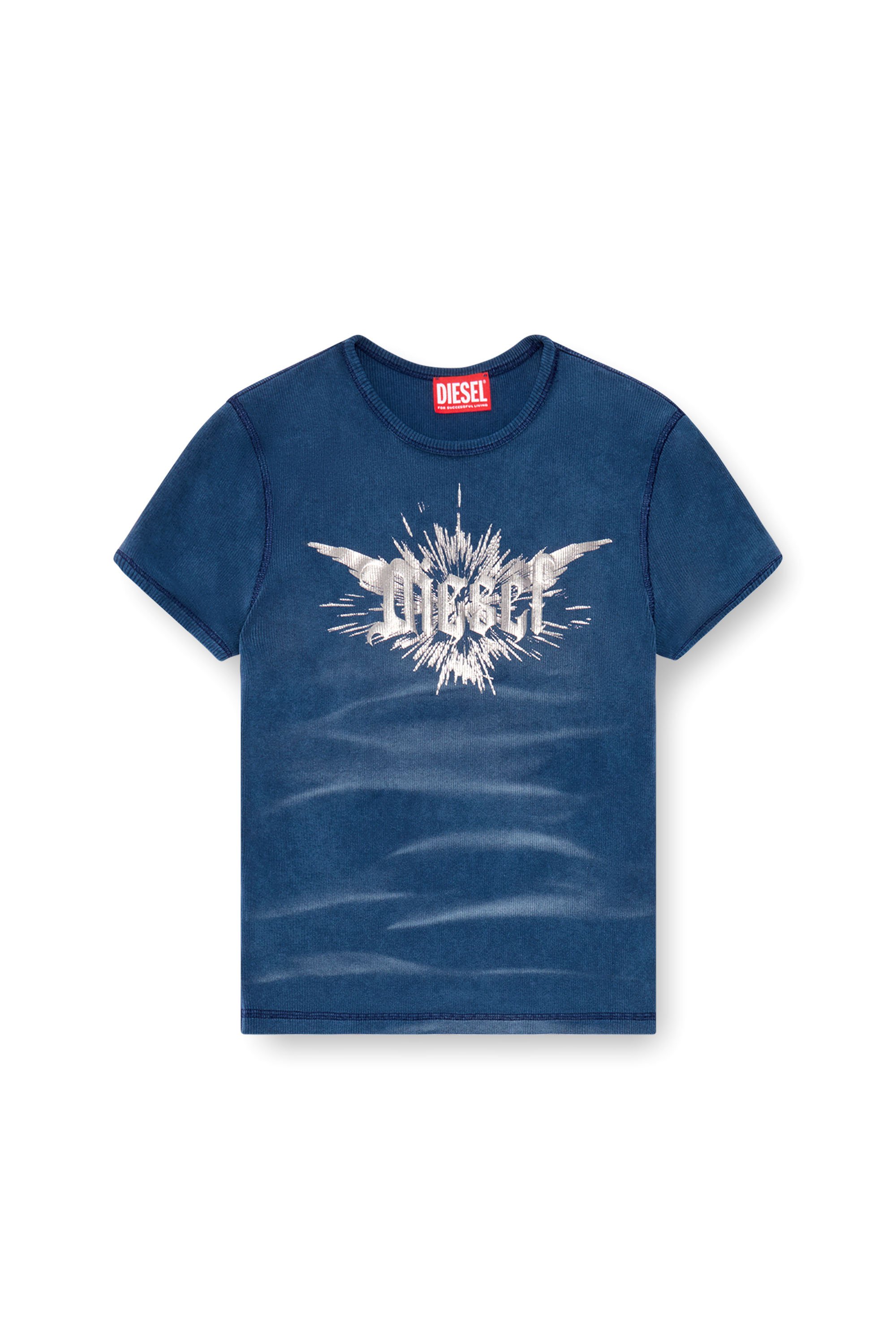 Diesel - T-ELE-LONG-P2, Female's T-shirt with winged Diesel foil print in ブルー - 2