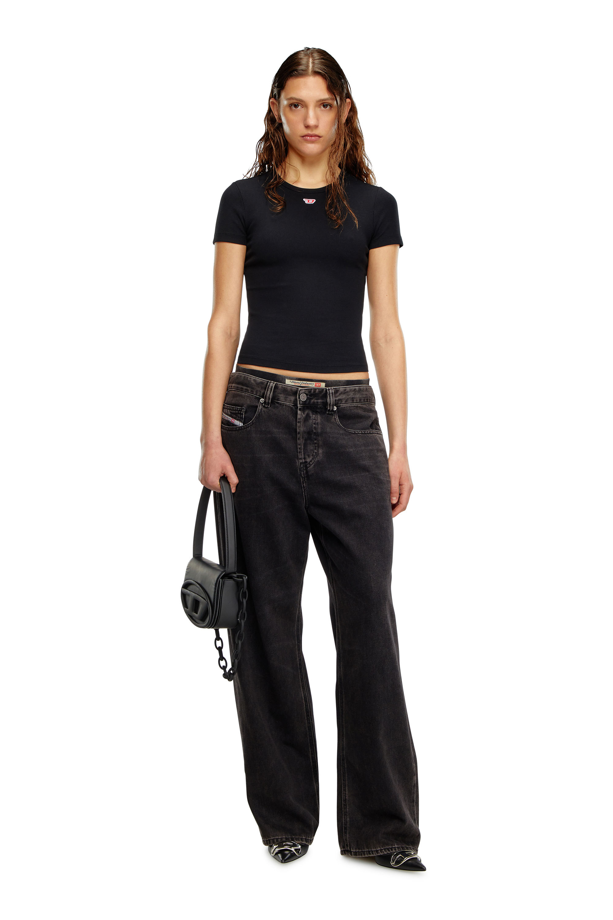 Diesel - T-ELE-LONG-D, Female's T-shirt with D logo patch in ブラック - 1