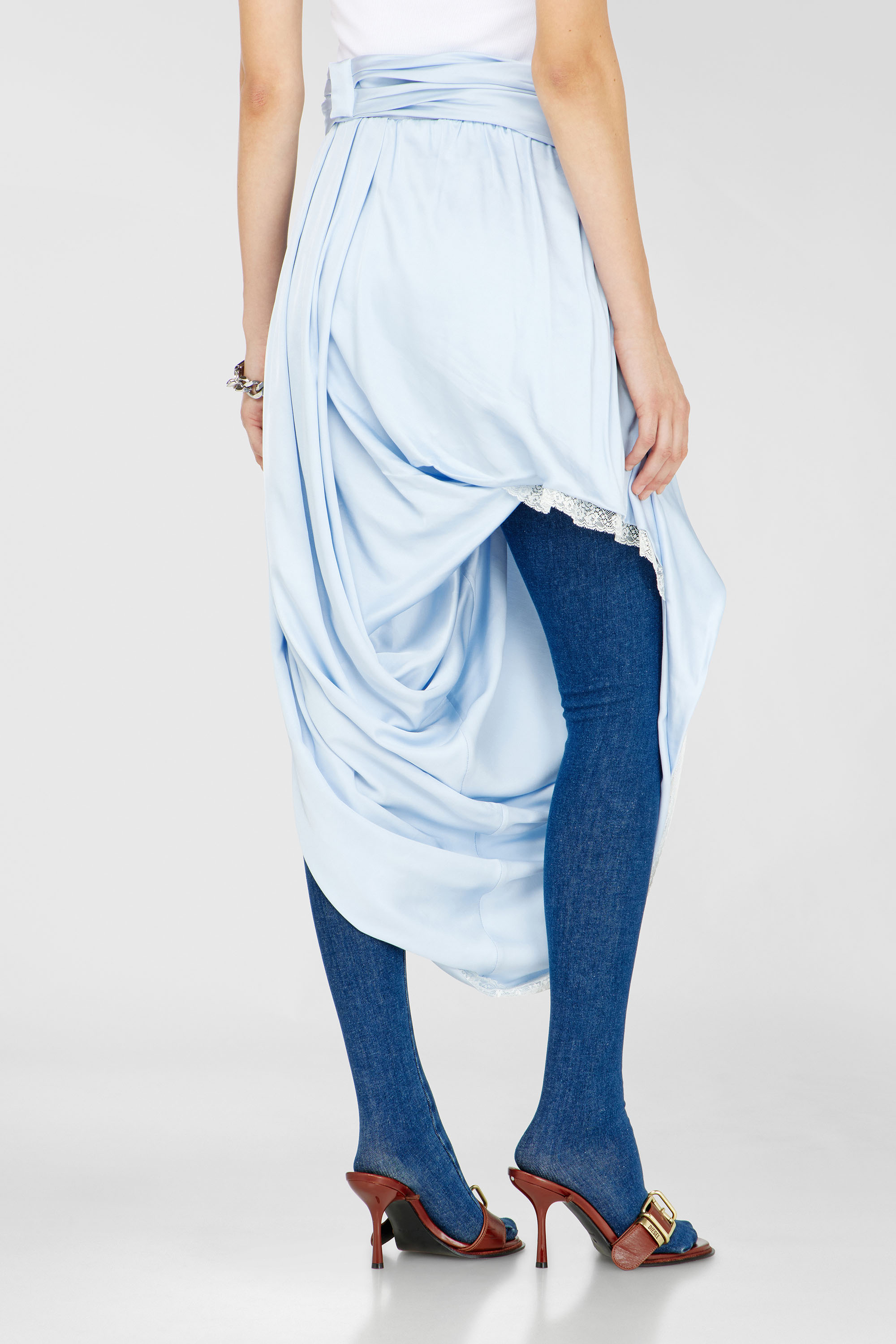 Diesel - O-WANDA, Female's Draped satin midi skirt with lace trim in アジュール - 3