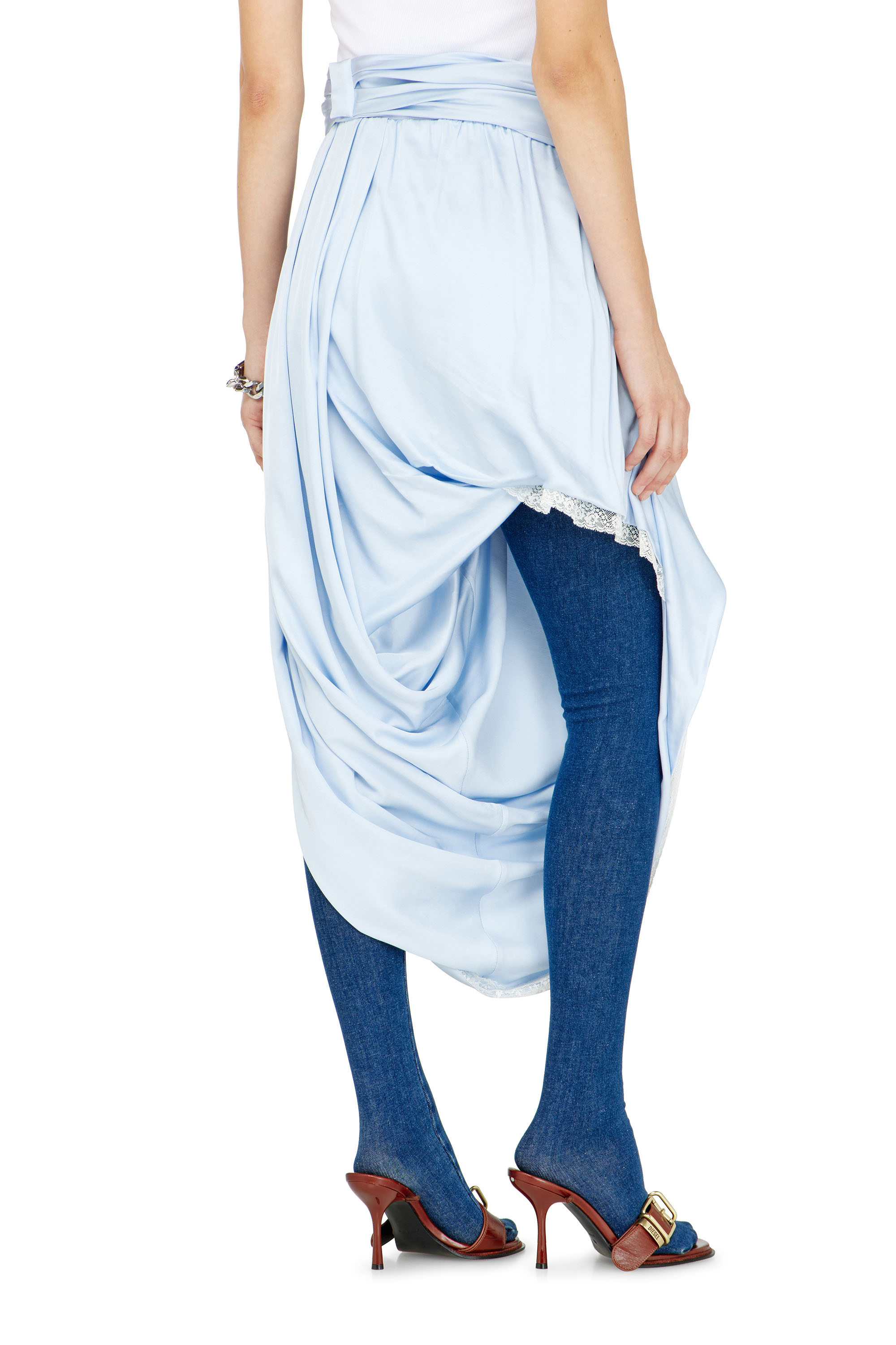 Diesel - O-WANDA, Female's Draped satin midi skirt with lace trim in アジュール - 3