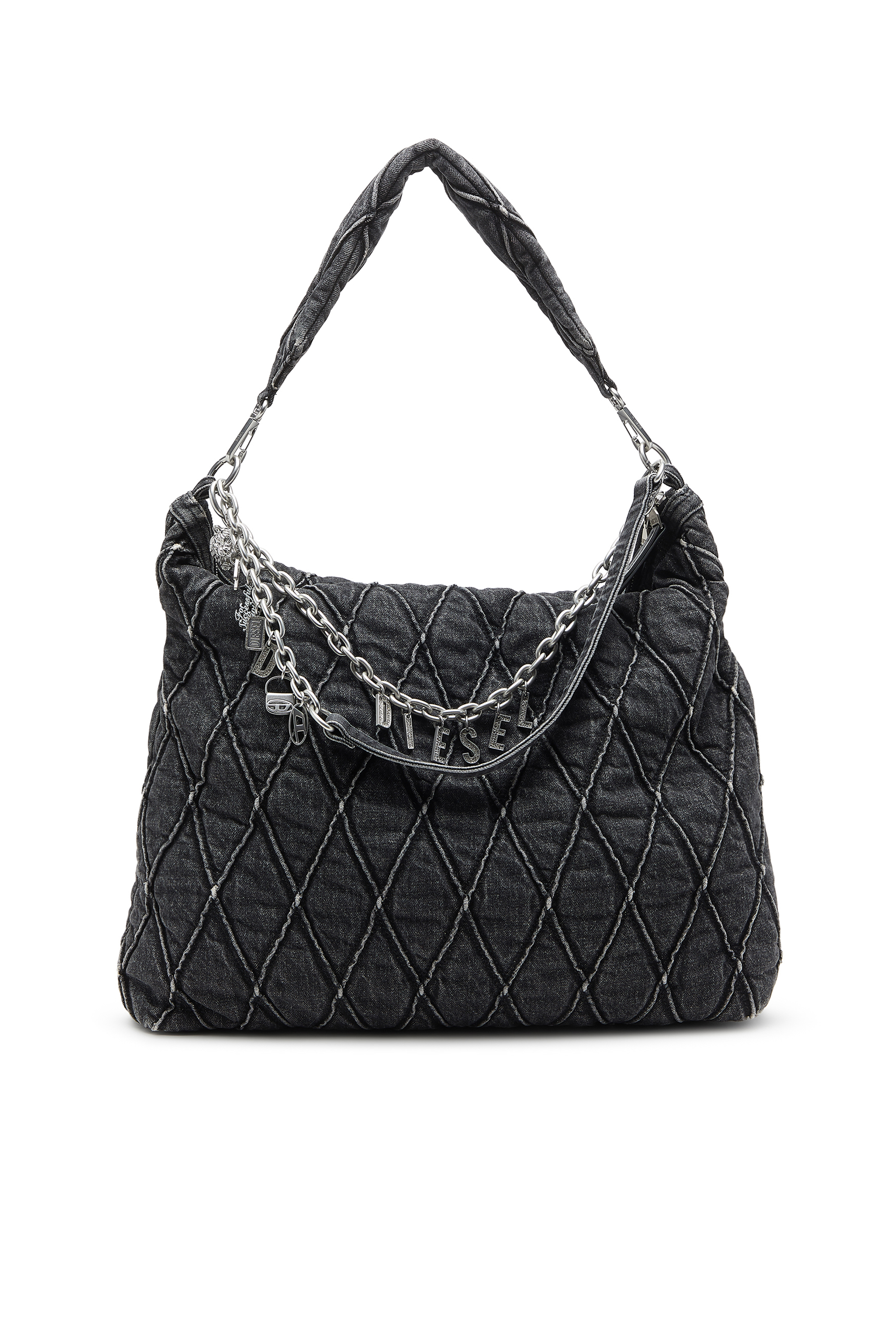Diesel - HOSHI CHARM-D HOBO, Female's Quilted-denim hobo bag with chain charms in ブラック - 1