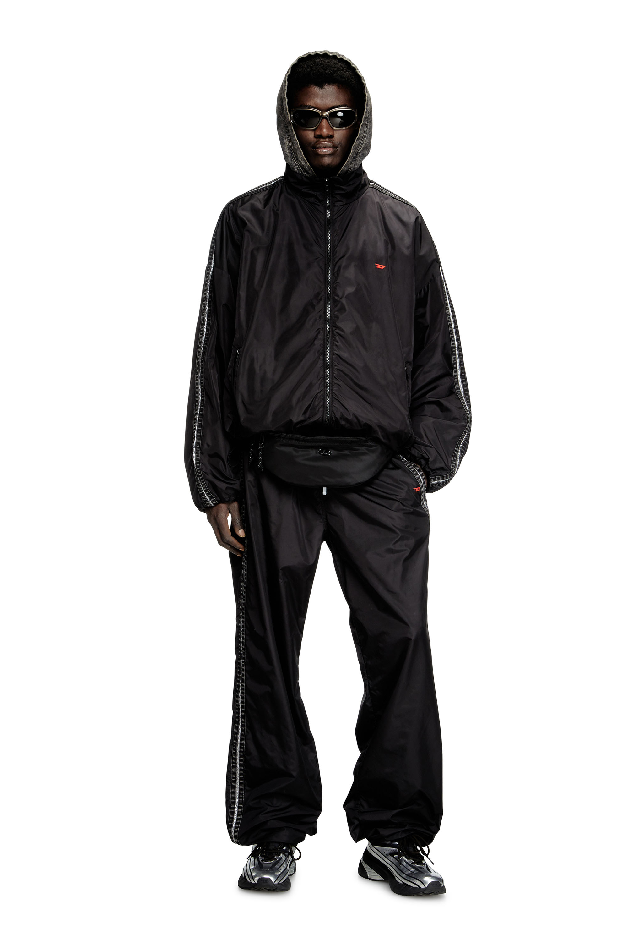 Diesel - J-CARON, Male's Nylon track jacket with denim bands in ブラック - 2