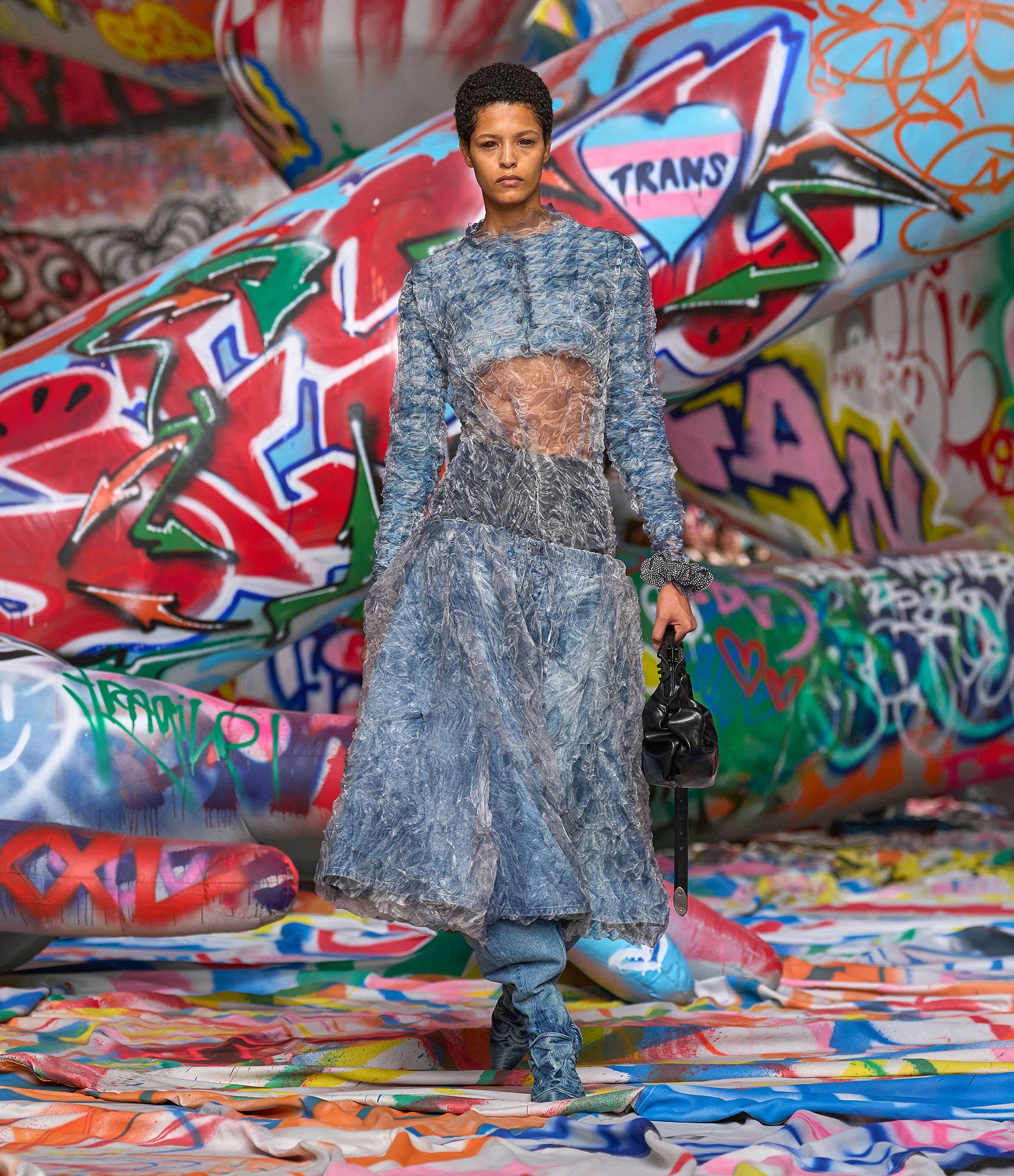 M-HELLA Crop cardigan in denim-look houndstooth jacquard｜ブルー