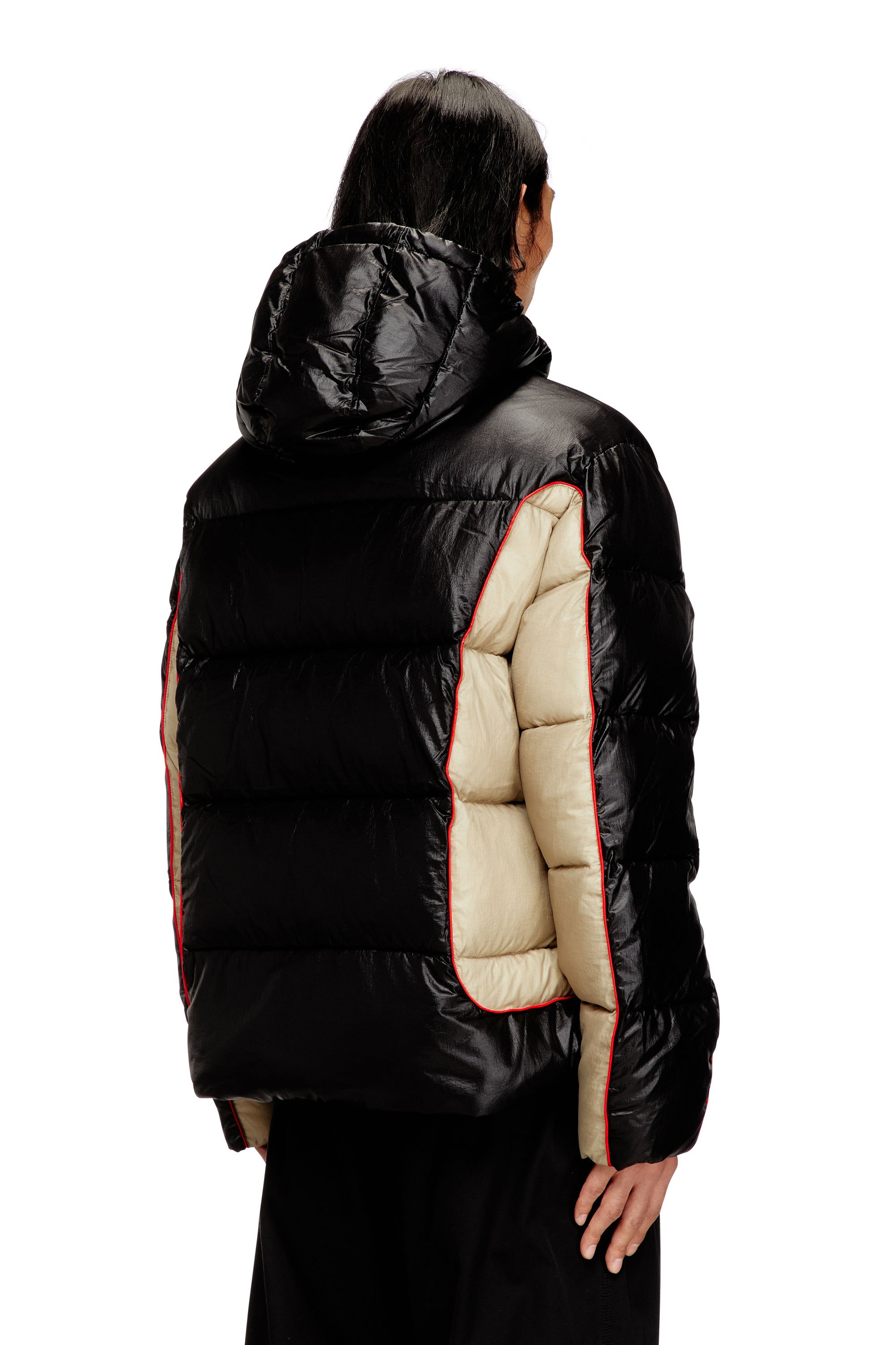 Diesel - W-OSTEND, Male's Hooded puffer jacket in shiny ripstop in ブラック/ベージュ - 4
