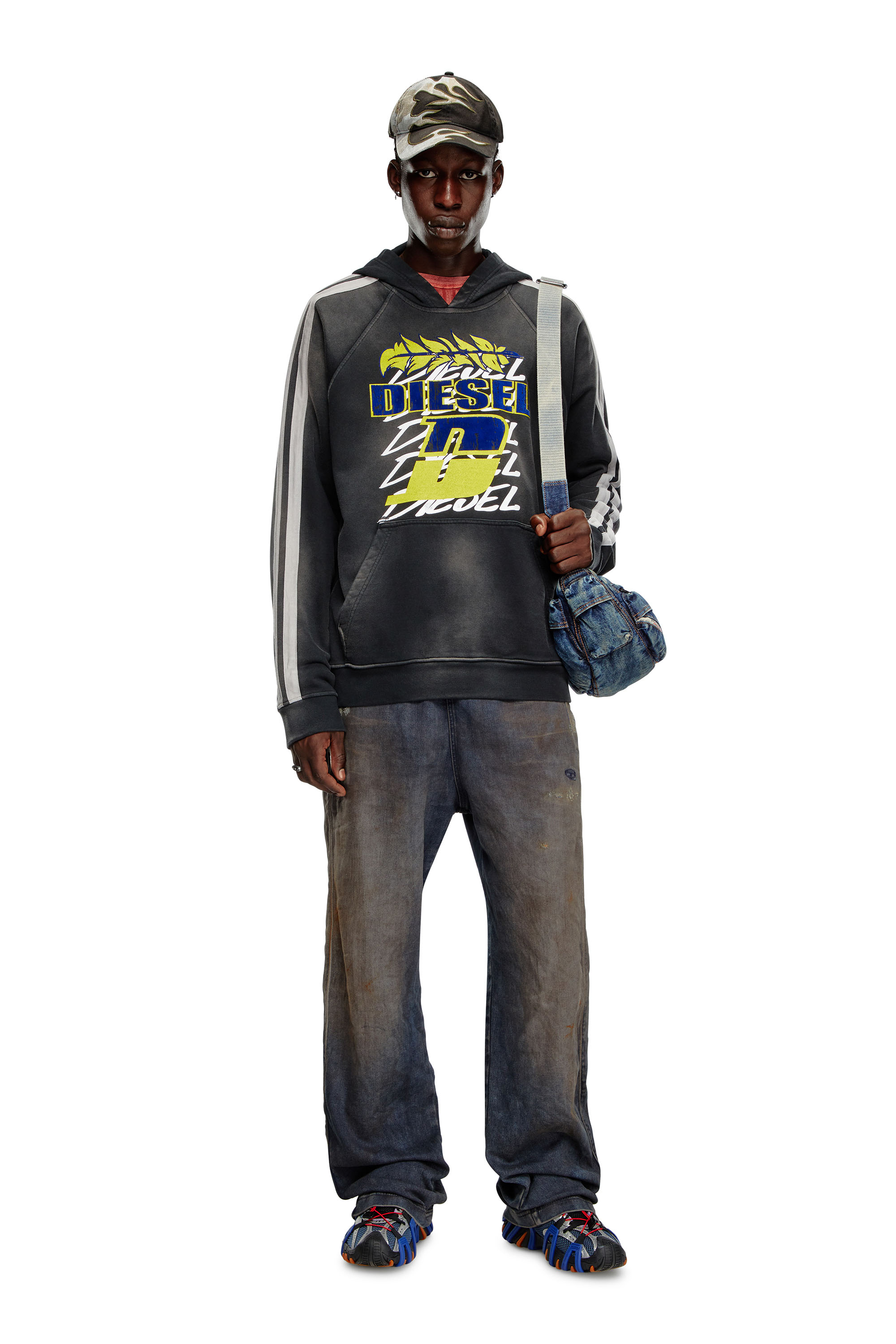 Diesel - S-ROXT-HOOD-STRIPE, Male's Treated cotton hoodie with layered prints in グレー/ブラック - 2