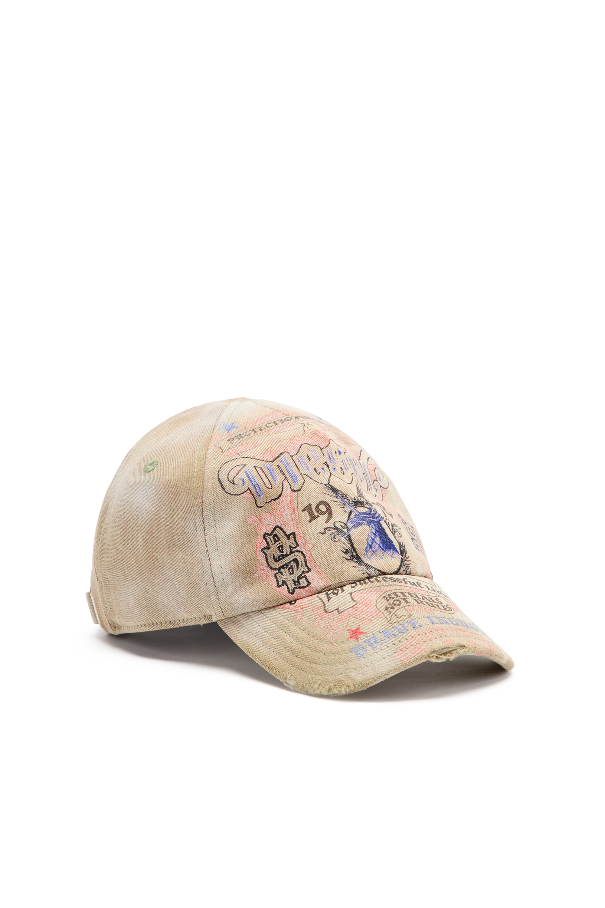 Diesel - C-RITUAL, Male's Distressed baseball cap with logo print in ベージュ - 1