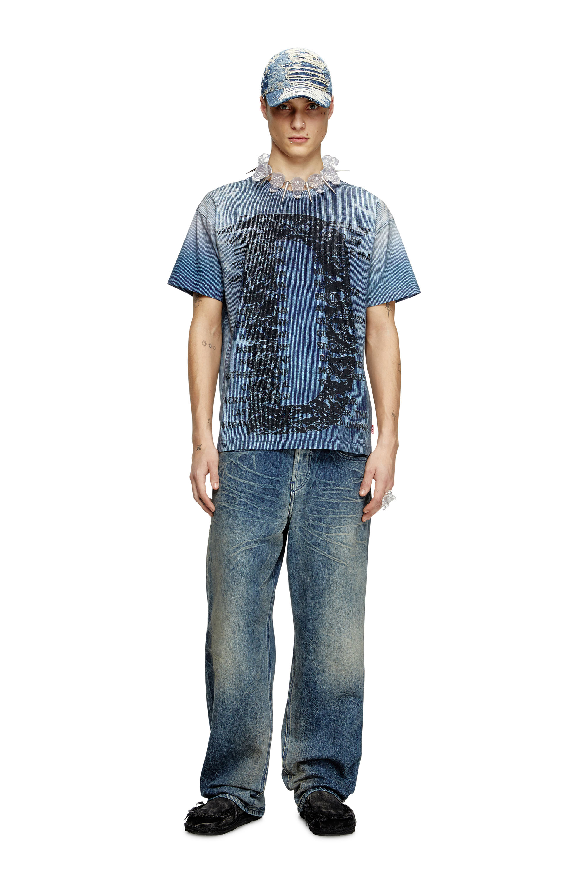 Diesel - T-NORM-R2, Male's T-shirt with rib-knit D print in ブルー - 1