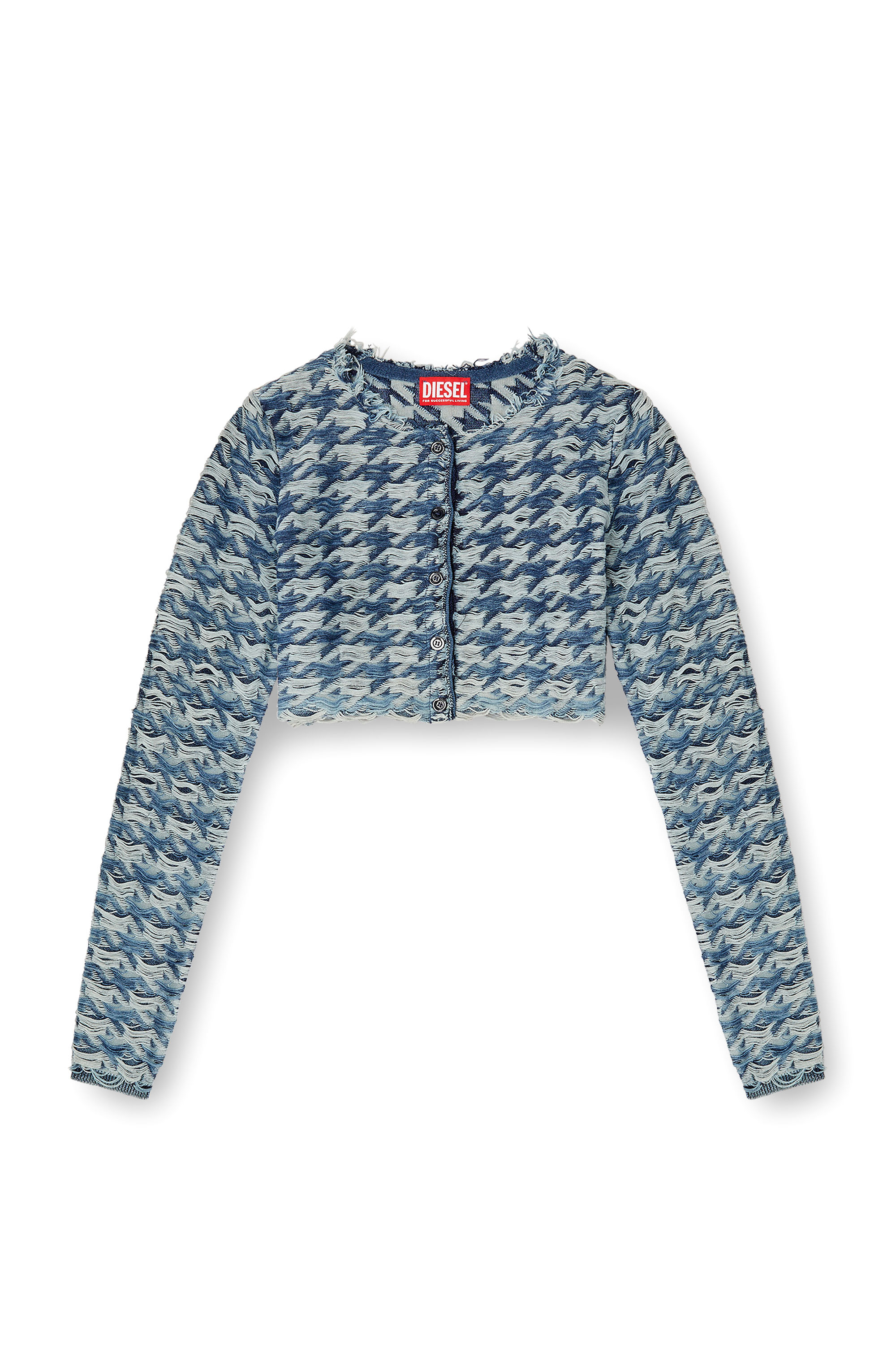 Diesel - M-HELLA, Female's Crop cardigan in denim-look houndstooth jacquard in ブルー - 3