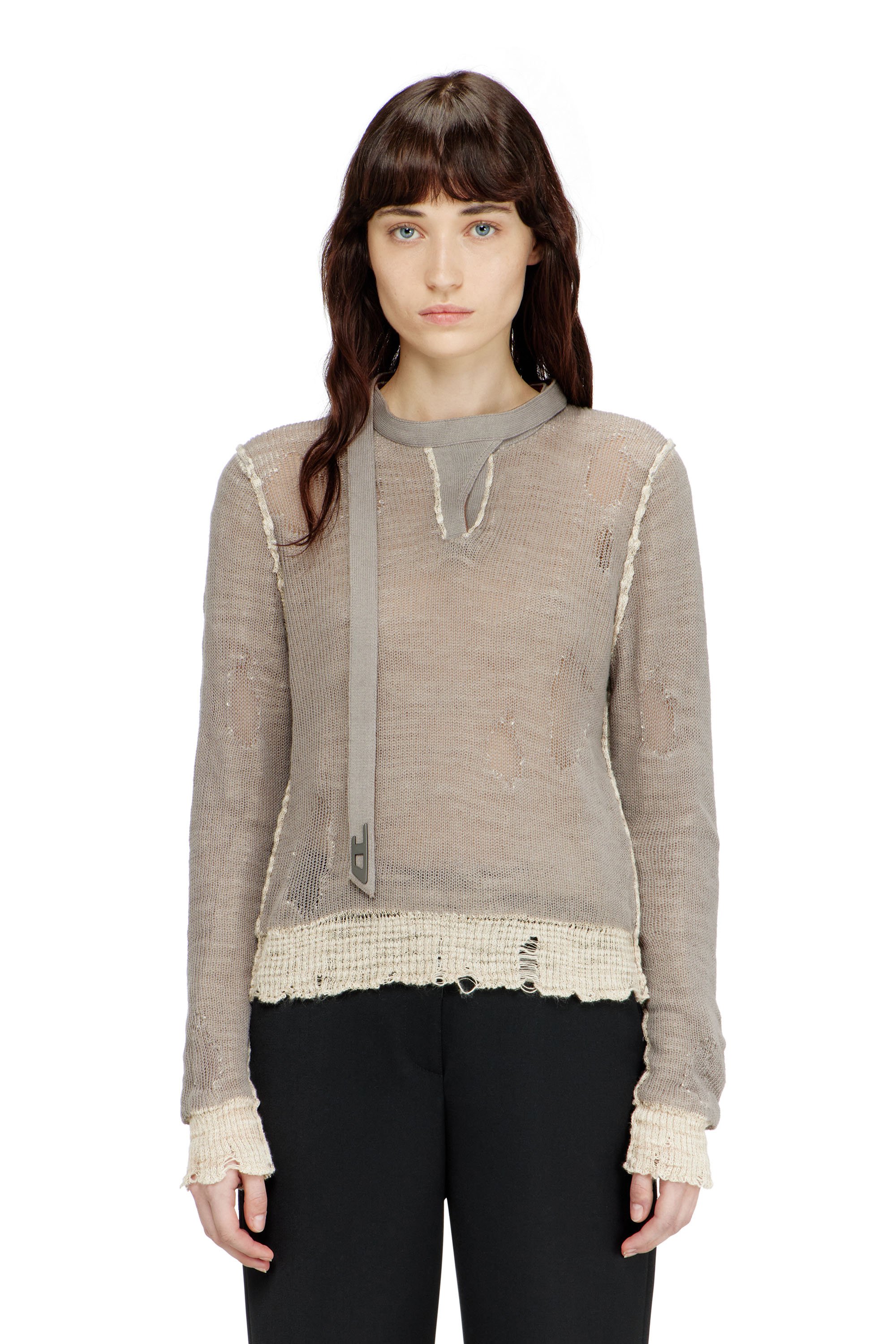 Diesel - M-DRACARINA, Female's Distressed jumper with biker neck strap in グレー - 1