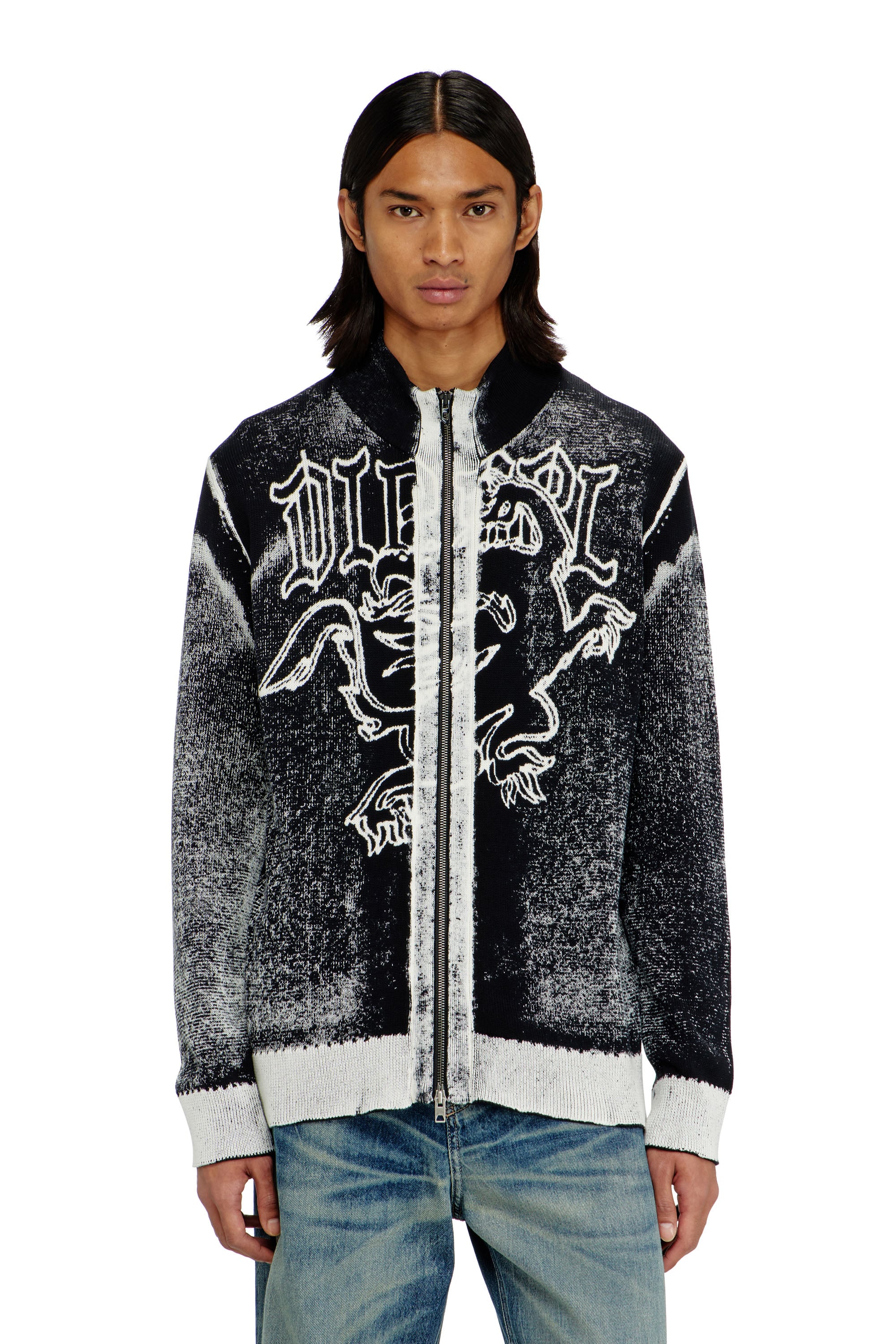 Diesel - K-LAUROS, Male's ジップアップカーディガン in ブラック/ホワイト - 1