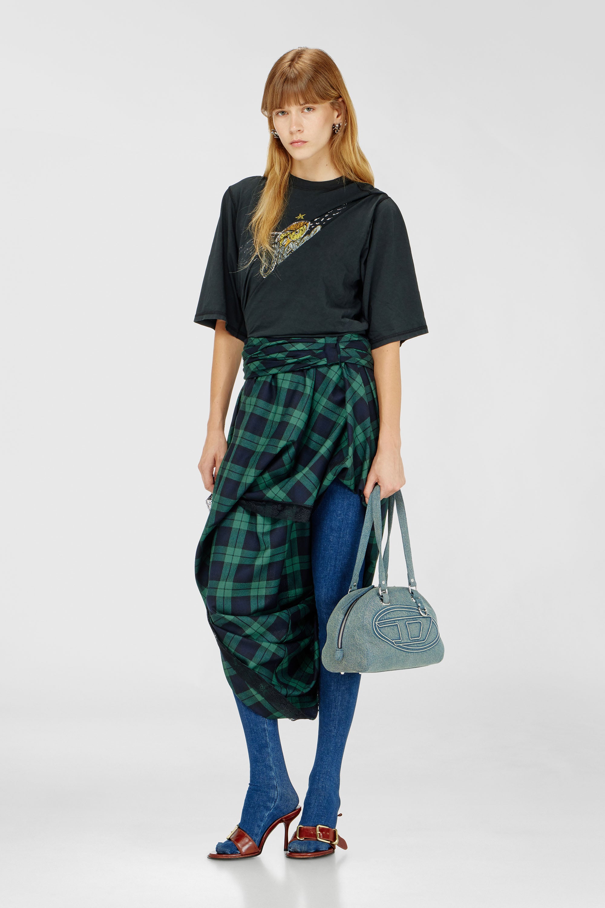 Diesel - O-WINNY, Female's Draped tartan midi skirt with lace trim in グリーン/ブルー - 1