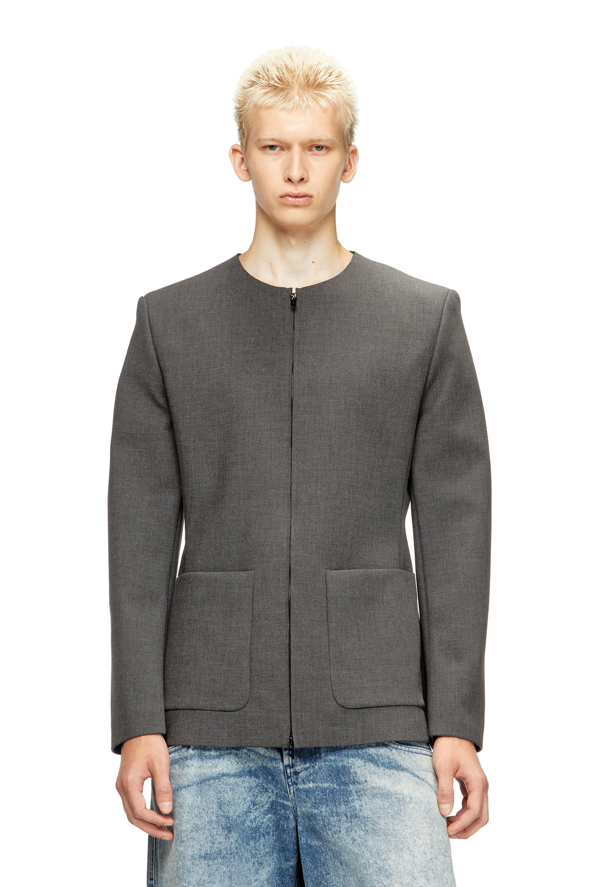 Diesel - J-CESAR-NEO, Male's Collarless jacket in neoprene-bonded fabric in グレー - 1