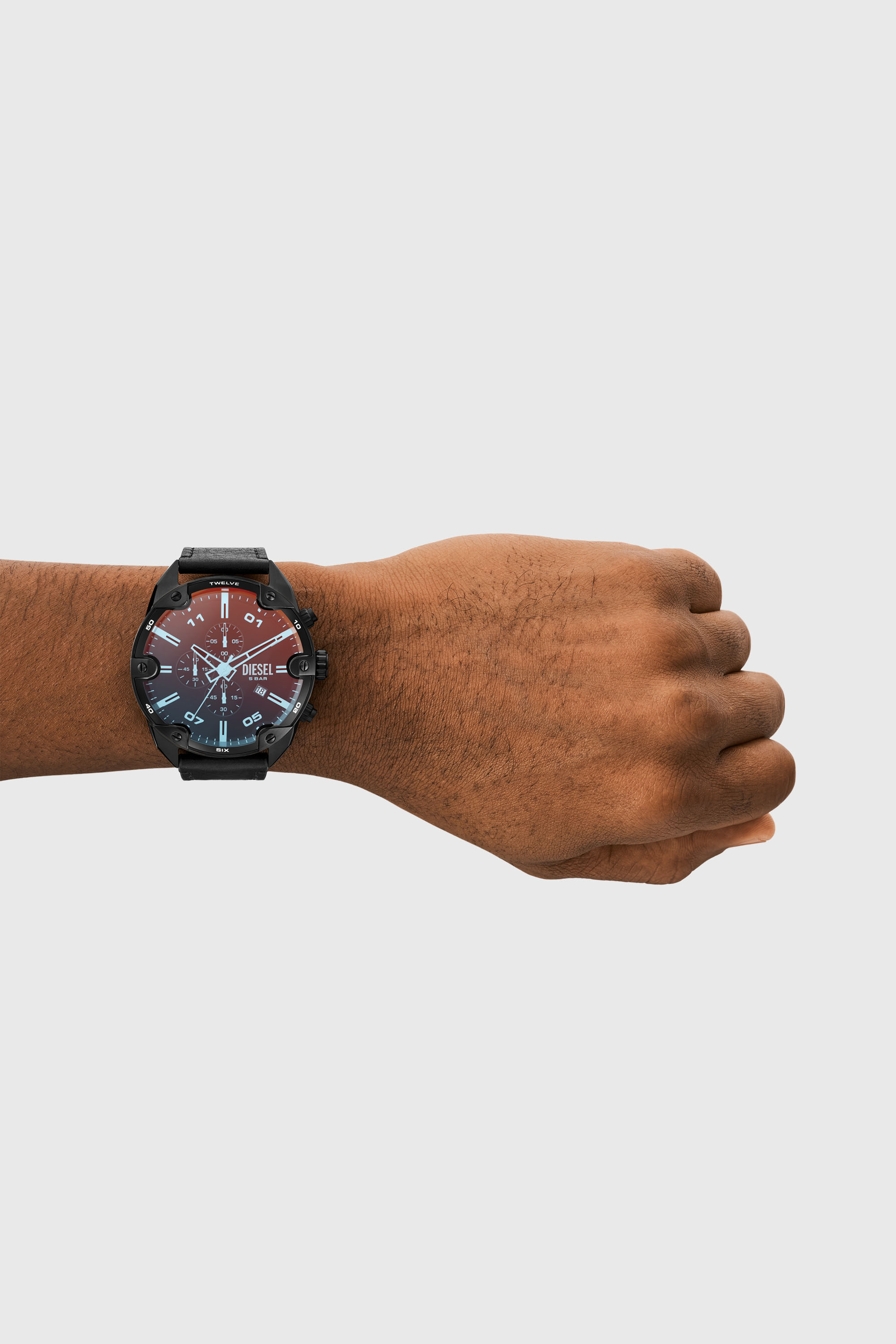 Diesel - DZ4667, Male's Spiked chronograph black leather watch in ブラック - 4