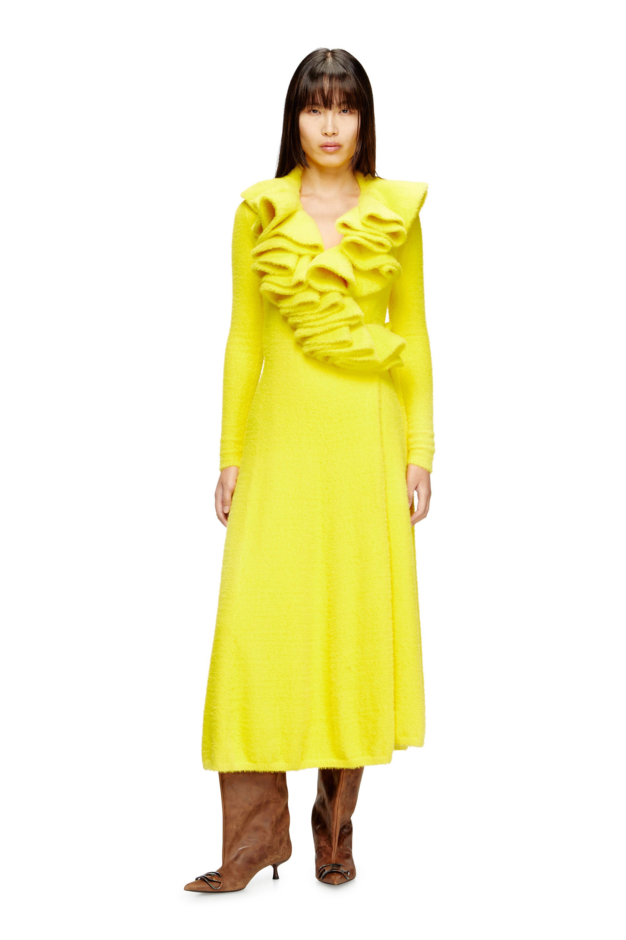 Diesel - M-INGELINA, Female's Fluffy midi dress with ripple neck in イエロー - 2