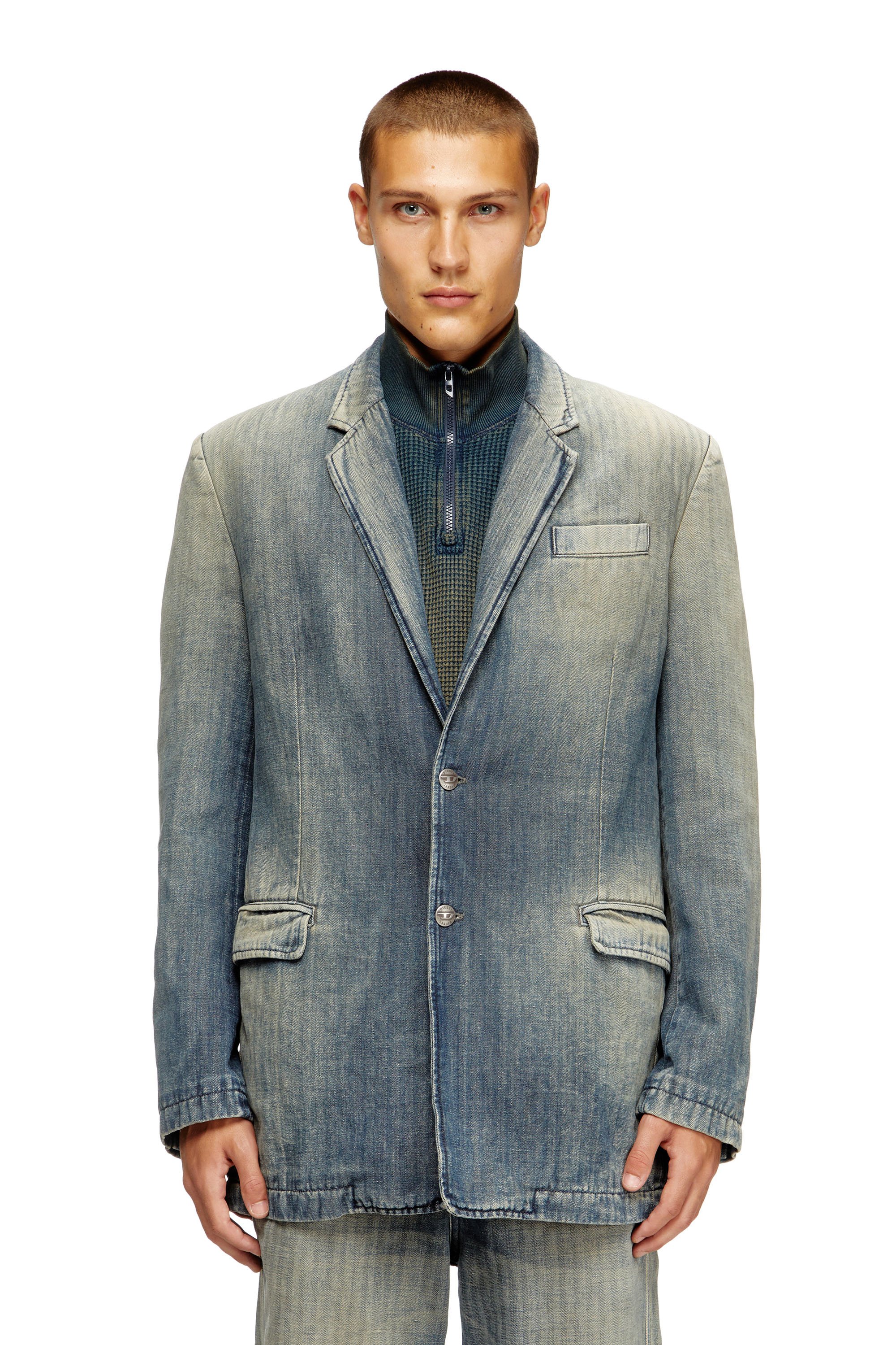 Diesel - D-REGER-D, Unisex's Blazer in dirt-effect herringbone denim in グレー/ブルー - 1