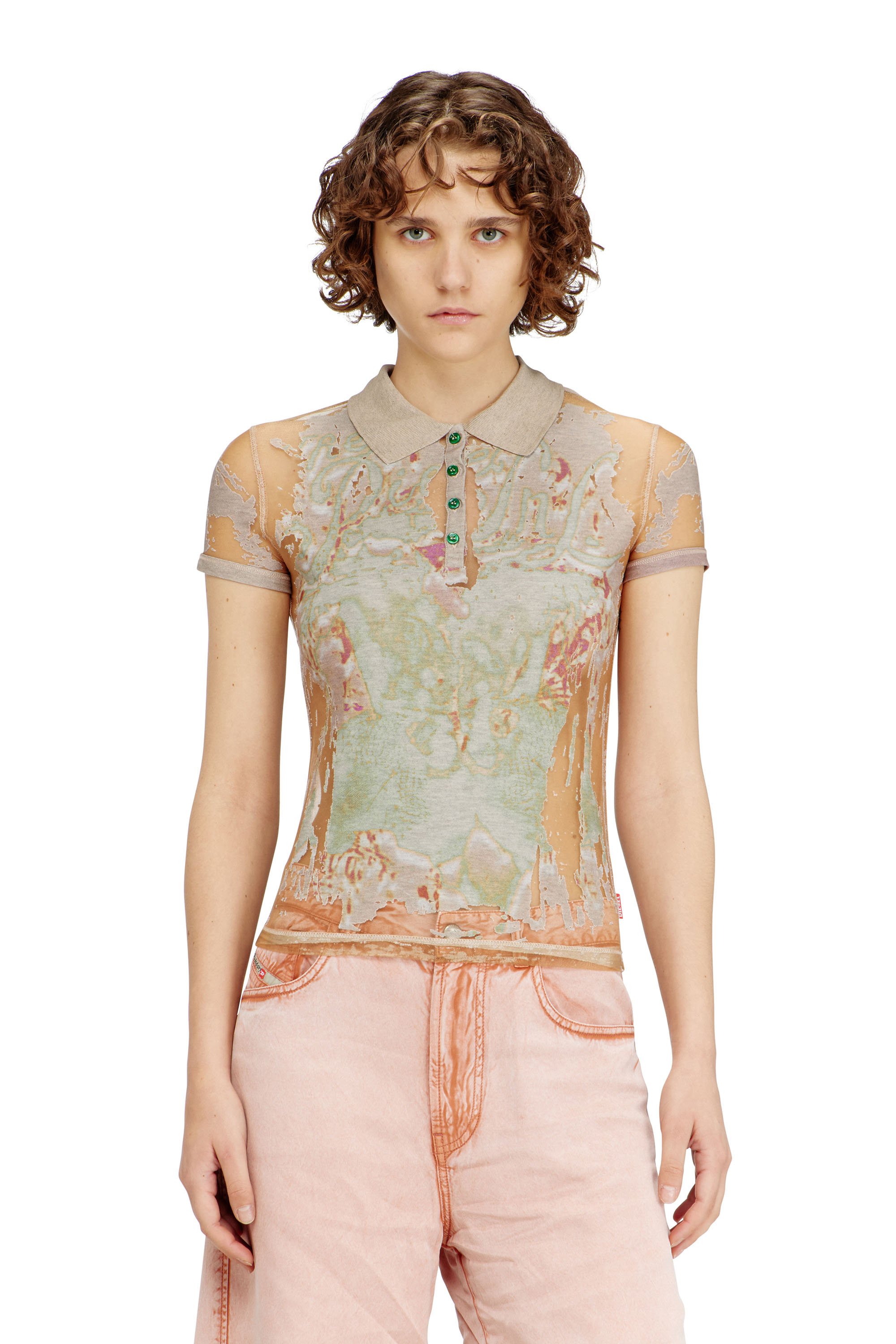 Diesel - T-DEVLO, Female's Polo shirt in printed devor&eacute; jersey in ライトブラウン - 1