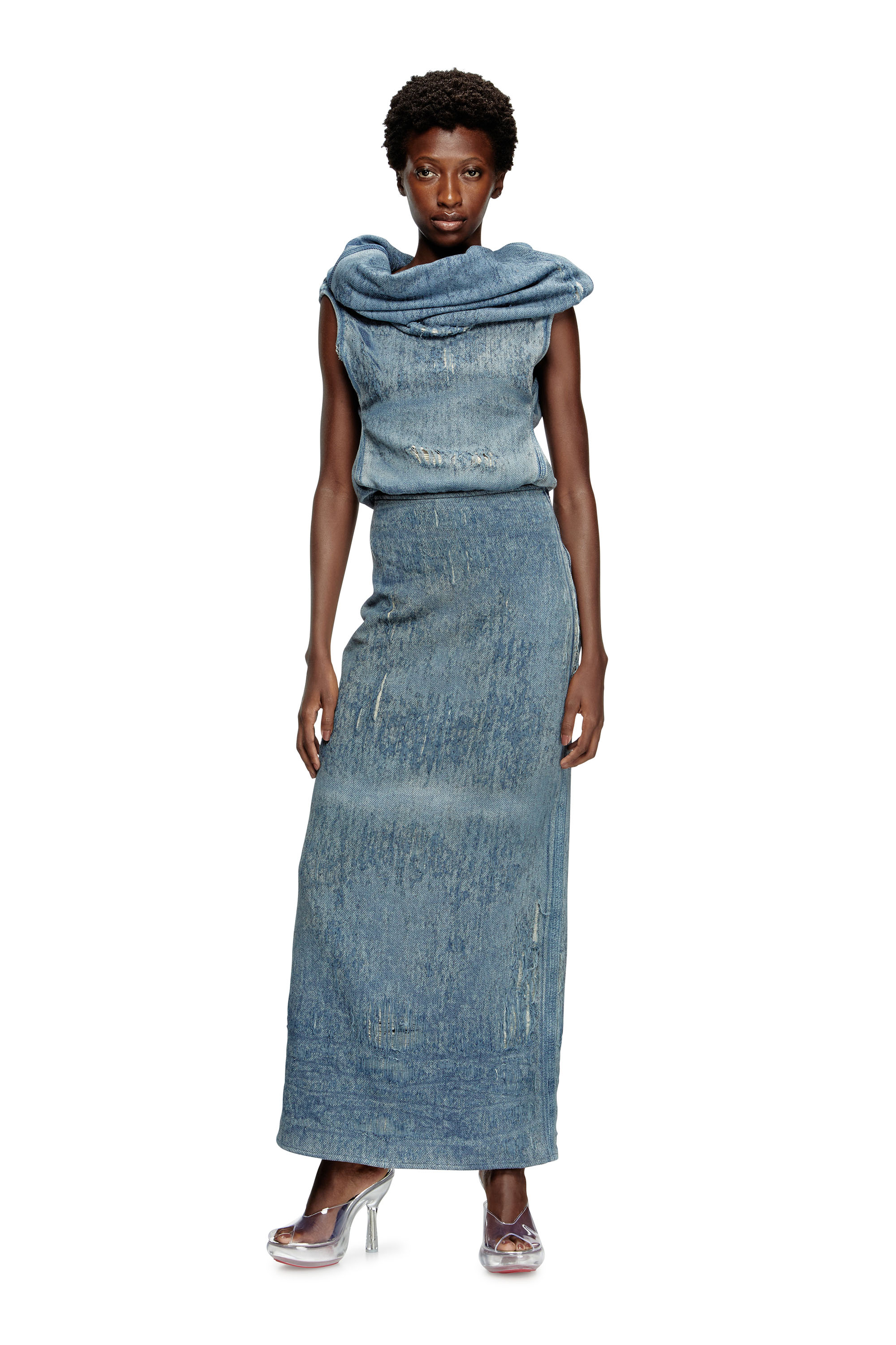 Diesel - DE-VANIA-FSG, Female's Top in ultra-destroyed jacquard denim in ミディアムブルー - 1