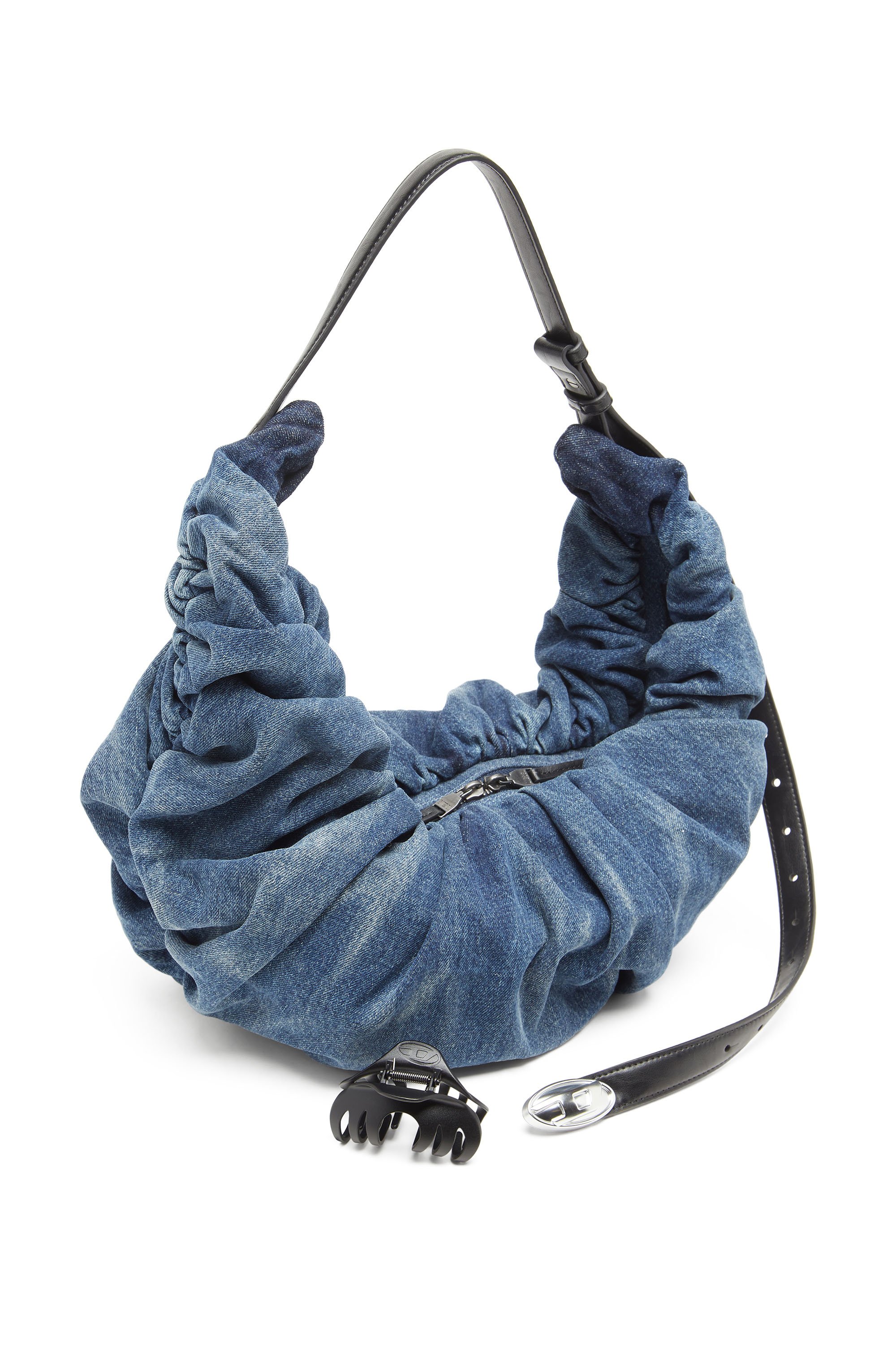Diesel - GRAB-D HOBO L, Female's Grab-D-Large scrunched hobo bag in treated denim in ミディアムブルー - 5