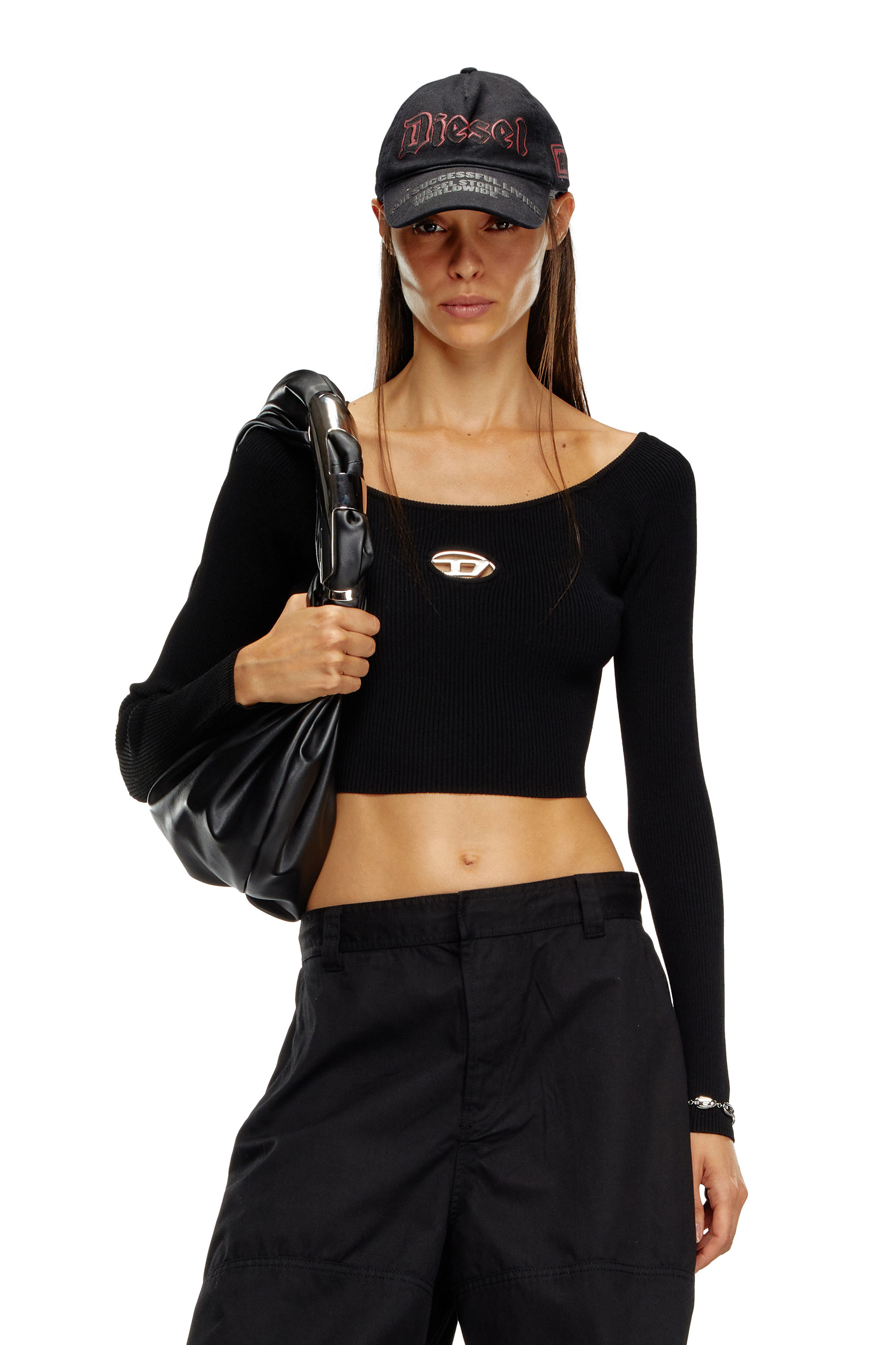Diesel - M-VERA-LS, Female's Off-the-shoulder top in ribbed knit in グレー/ブラック - 1