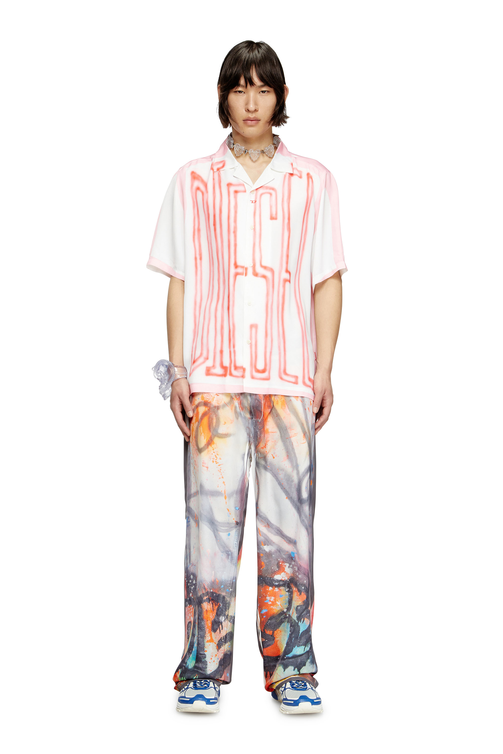 Diesel - C-PAROSHORT-GRAFFITI-FRA, Unisex's Satin bowling shirt with graffiti logo in ピンク/ホワイト - 1