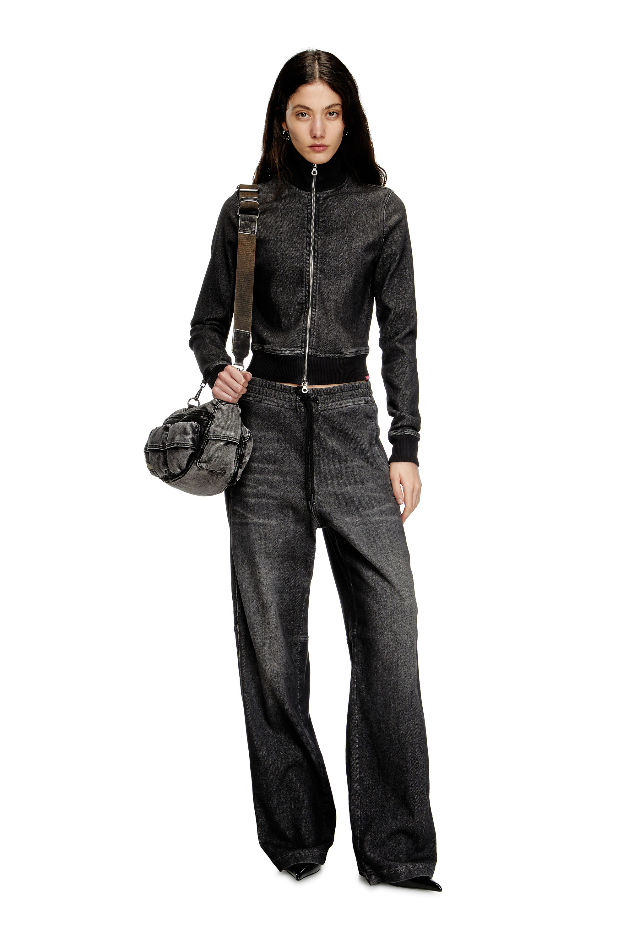 Diesel - D-EMMY-S TRACK, Female's Zip-up sweatshirt in dirt-effect Track Denim in ブラック - 1