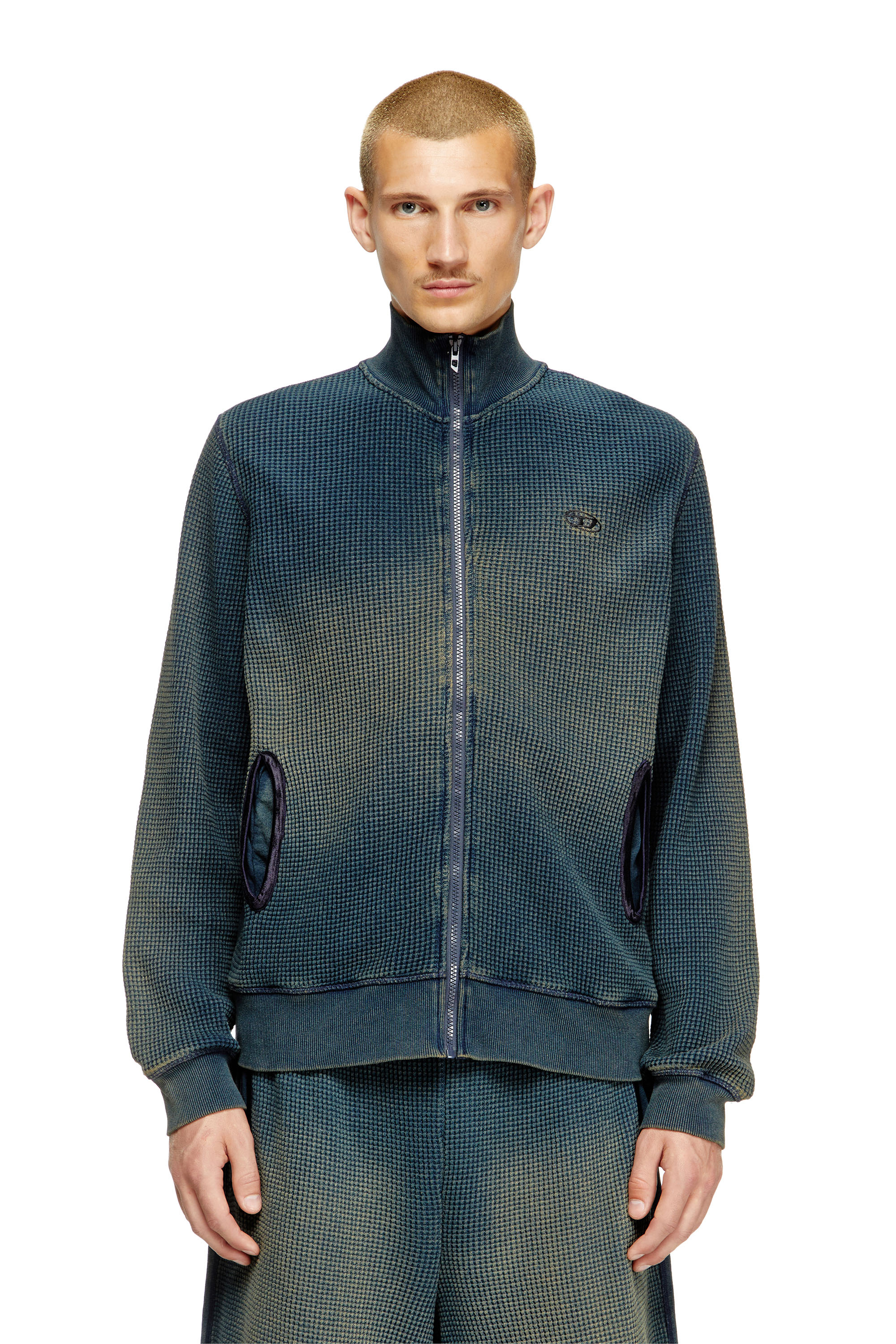 Diesel - S-WAFY-ZIP, Male's Waffle and jersey zip-up sweatshirt in ダークブルー - 1