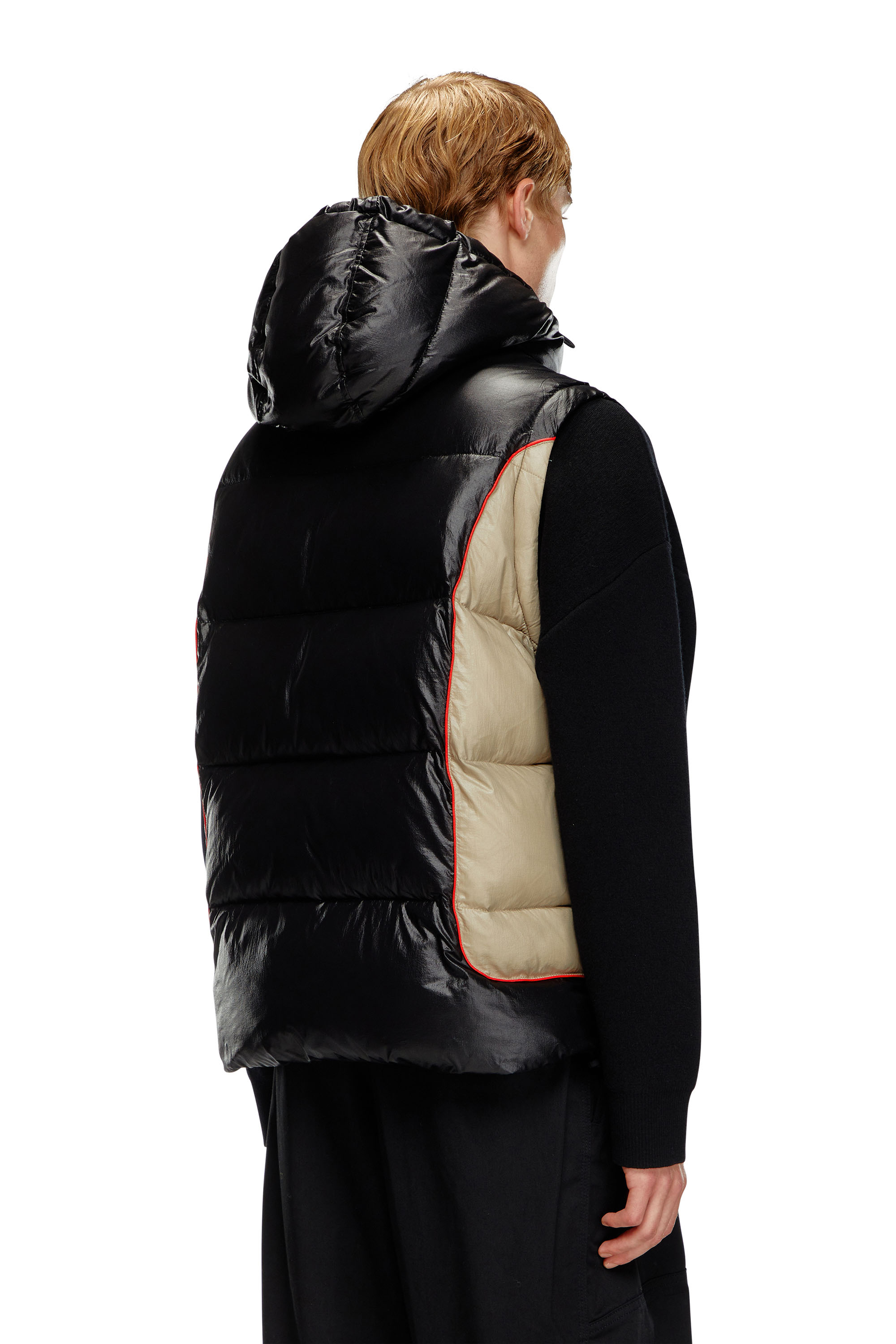 Diesel - W-OSTEND-SL, Male's Hooded puffer vest in shiny ripstop in ブラック/ベージュ - 5