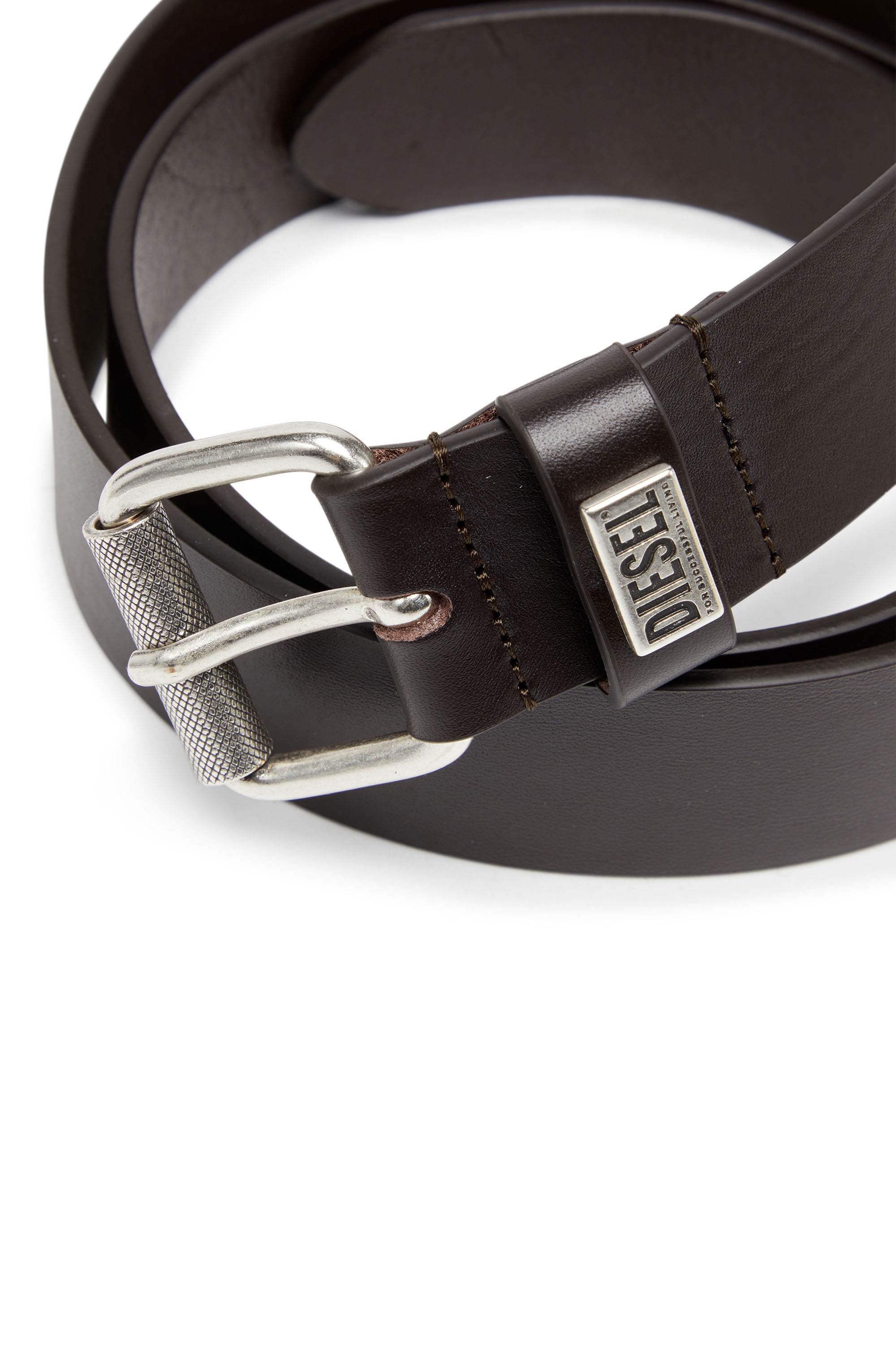 Diesel - B-BISCOTTO-LOOP, Male's 3.5cm leather belt with logo plaque in ダークブラウン - 3