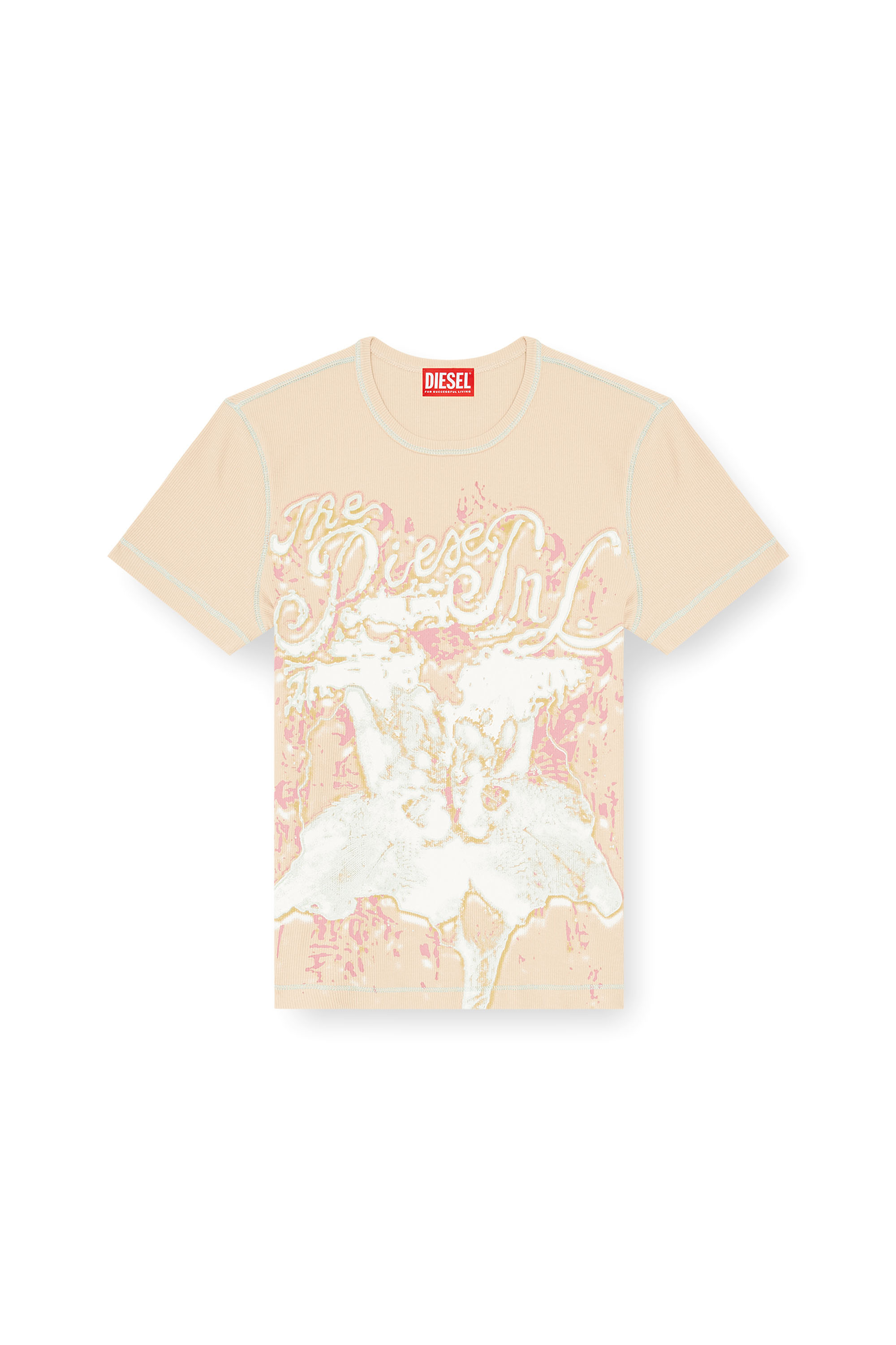 Diesel - T-BRENDA, Female's Animalier-print top in rib stretch jersey in ピンク / ホワイト - 2