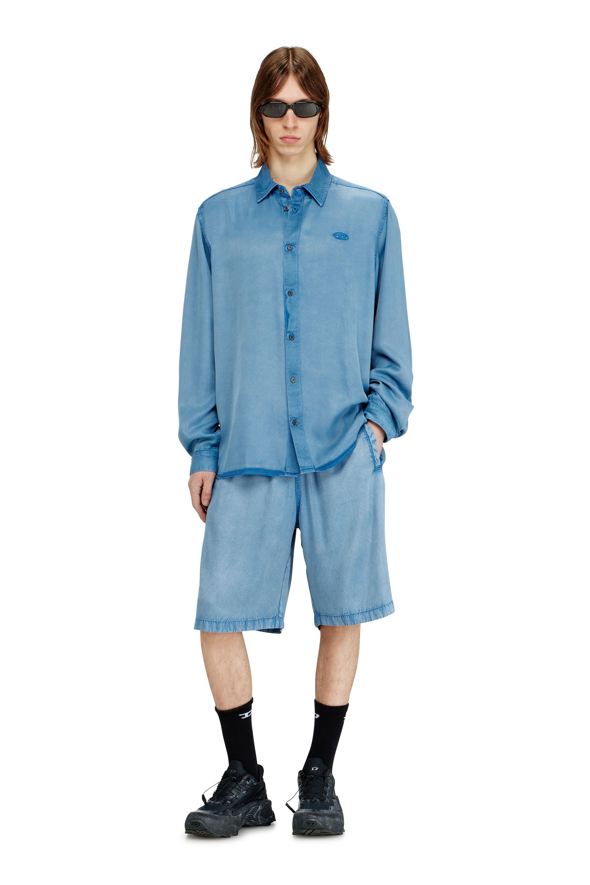 Diesel - S-HOLG, Male's Shirt in denim-effect satin in ライトブルー - 1