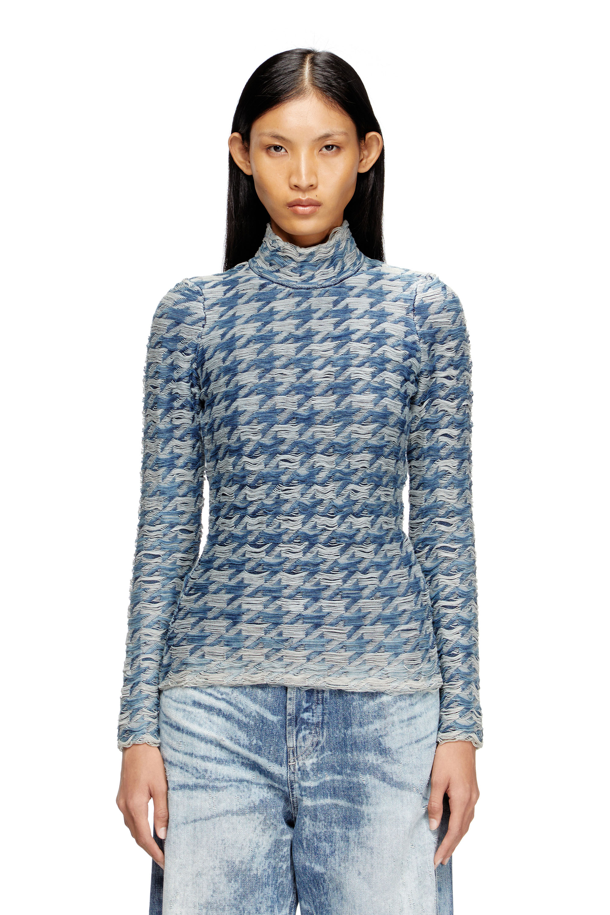 Diesel - M-HILDA, Female's Turtleneck in denim-look houndstooth jacquard in ブルー/グレー - 1