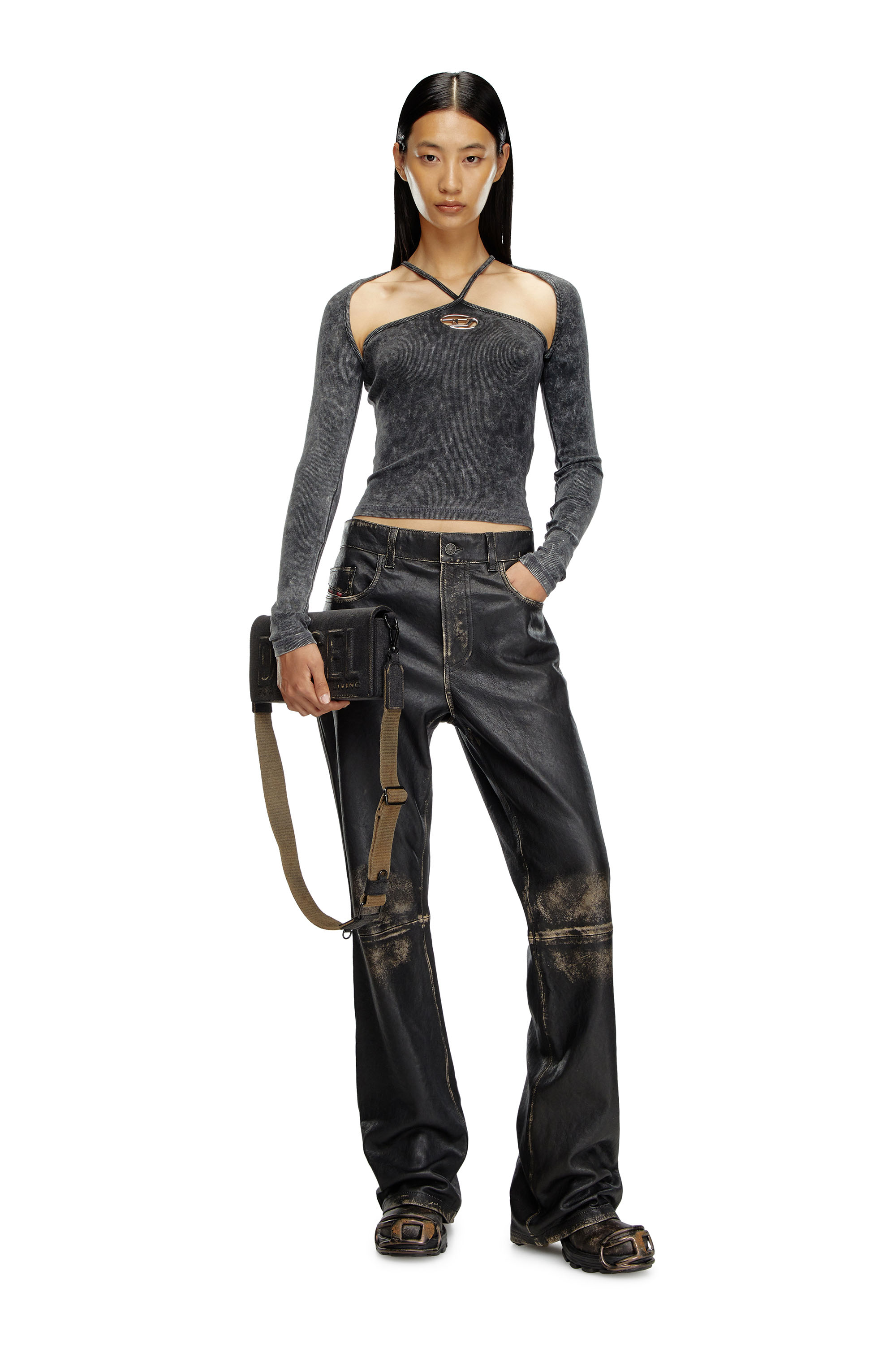 Diesel - T-MARINEL, Female's Ribbed long-sleeve top with cross-over straps in ブラック - 2
