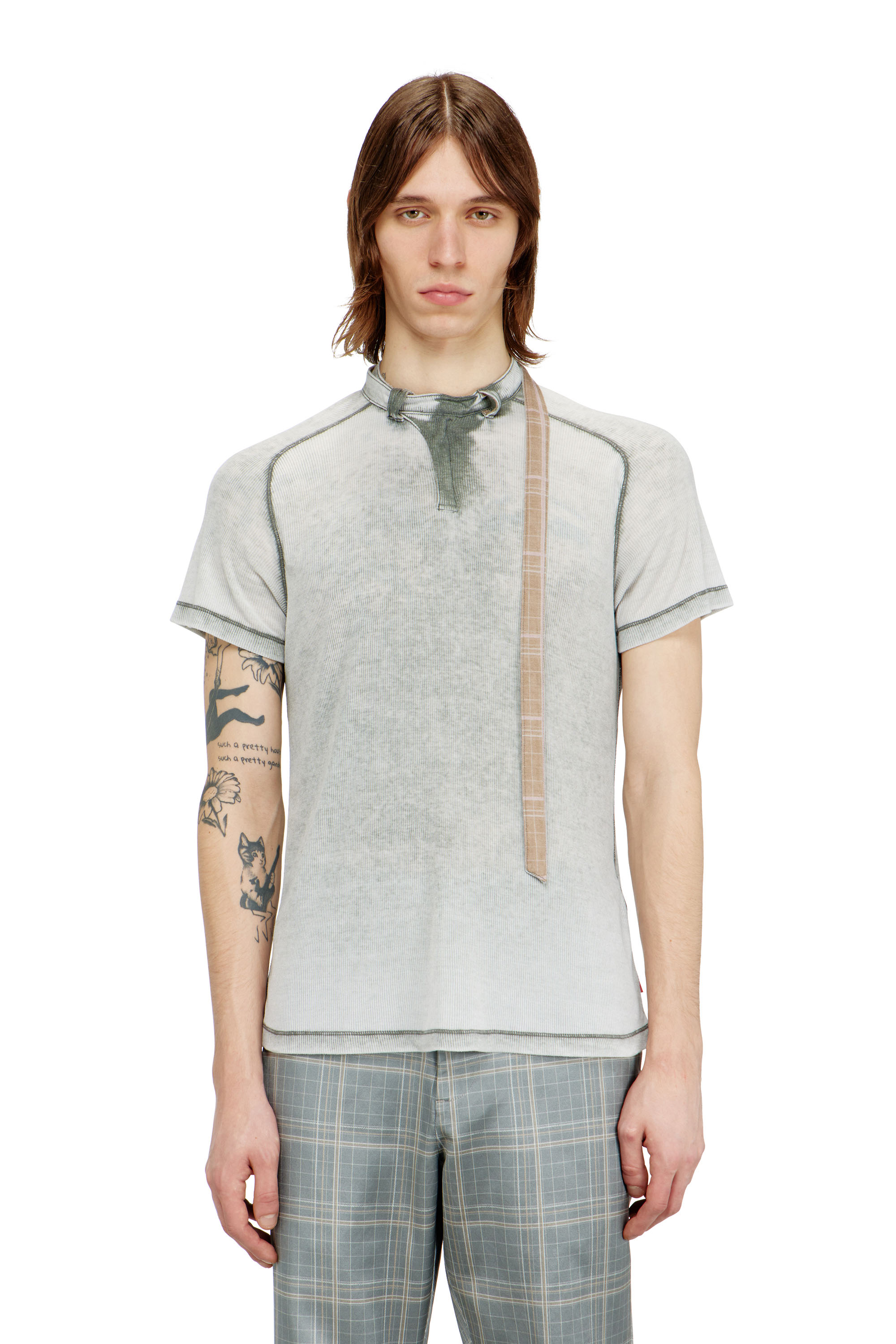 Diesel - T-GARY, Male's Rib-jersey top with biker neck strap in グレー - 3